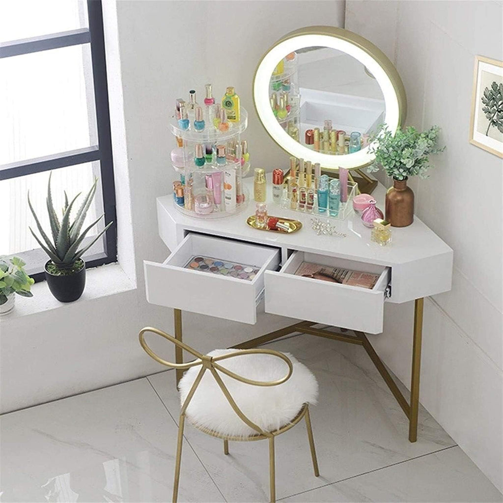 Luxury Dressing Vanity Table w/Stool for Bedroom, Dressing Table Corner Saves Space Corner Dressing Table Set with Mirror(80x80x75cm), XRKJBZ32024320