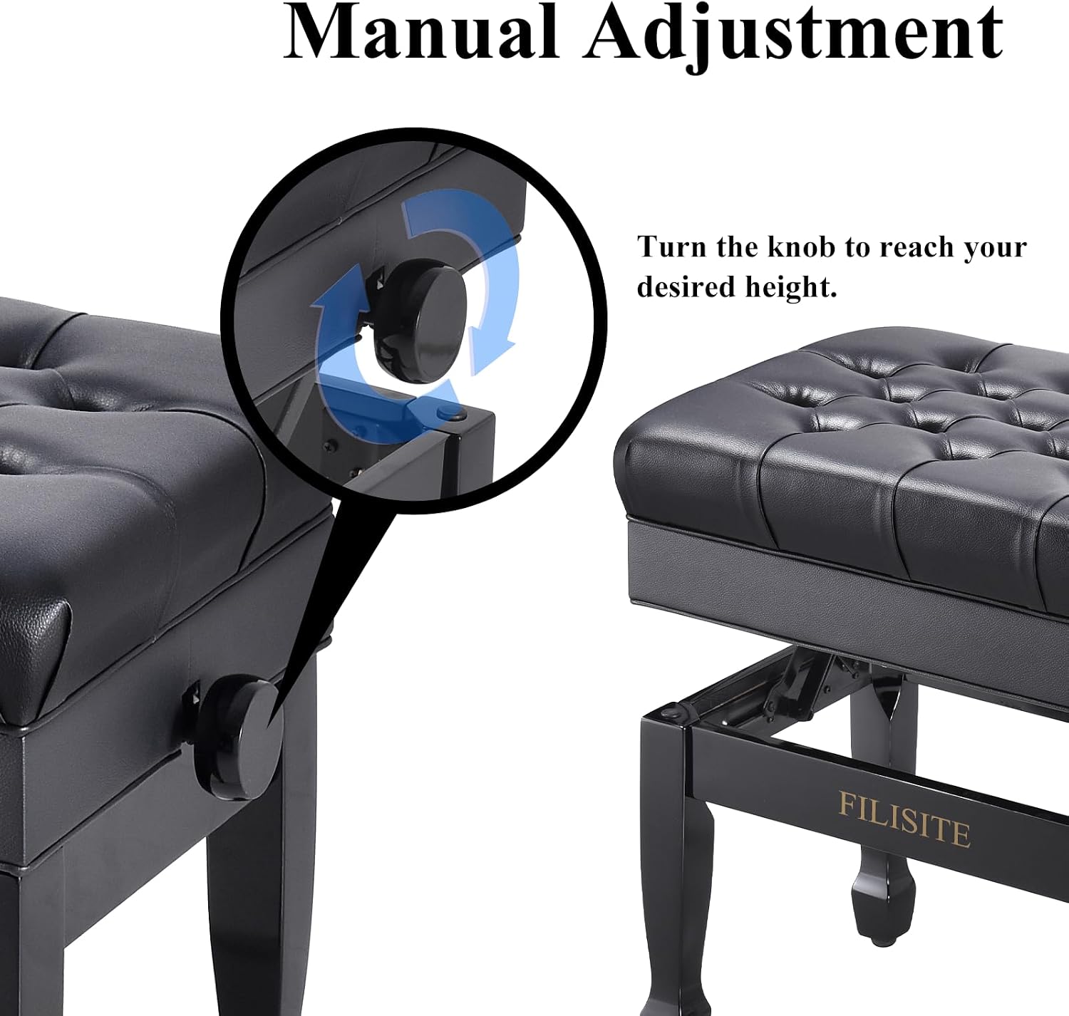 Adjustable Height Piano Bench with Storage, Heavy Duty Solid Wood Piano Stool Keyboard Bench with PU Leather Padded Cushion(Black)