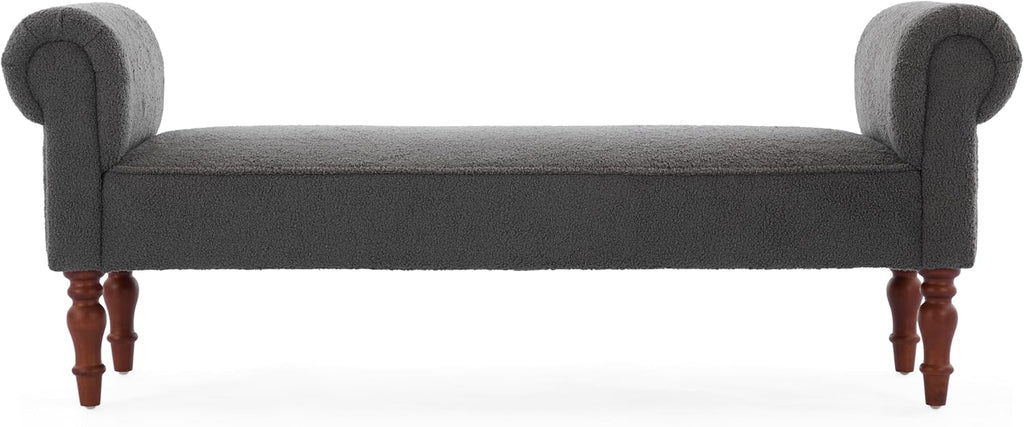 Merax 59' Upholstered Teddy Bench with Rolled Arms, End of Bed Bench with Cushion & Solid Wood Legs for Bedroom, Living Room, Entryway, Grey