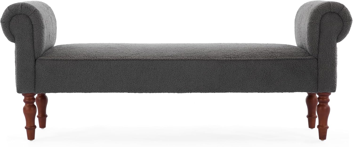 Merax 59' Upholstered Teddy Bench with Rolled Arms, End of Bed Bench with Cushion & Solid Wood Legs for Bedroom, Living Room, Entryway, Grey