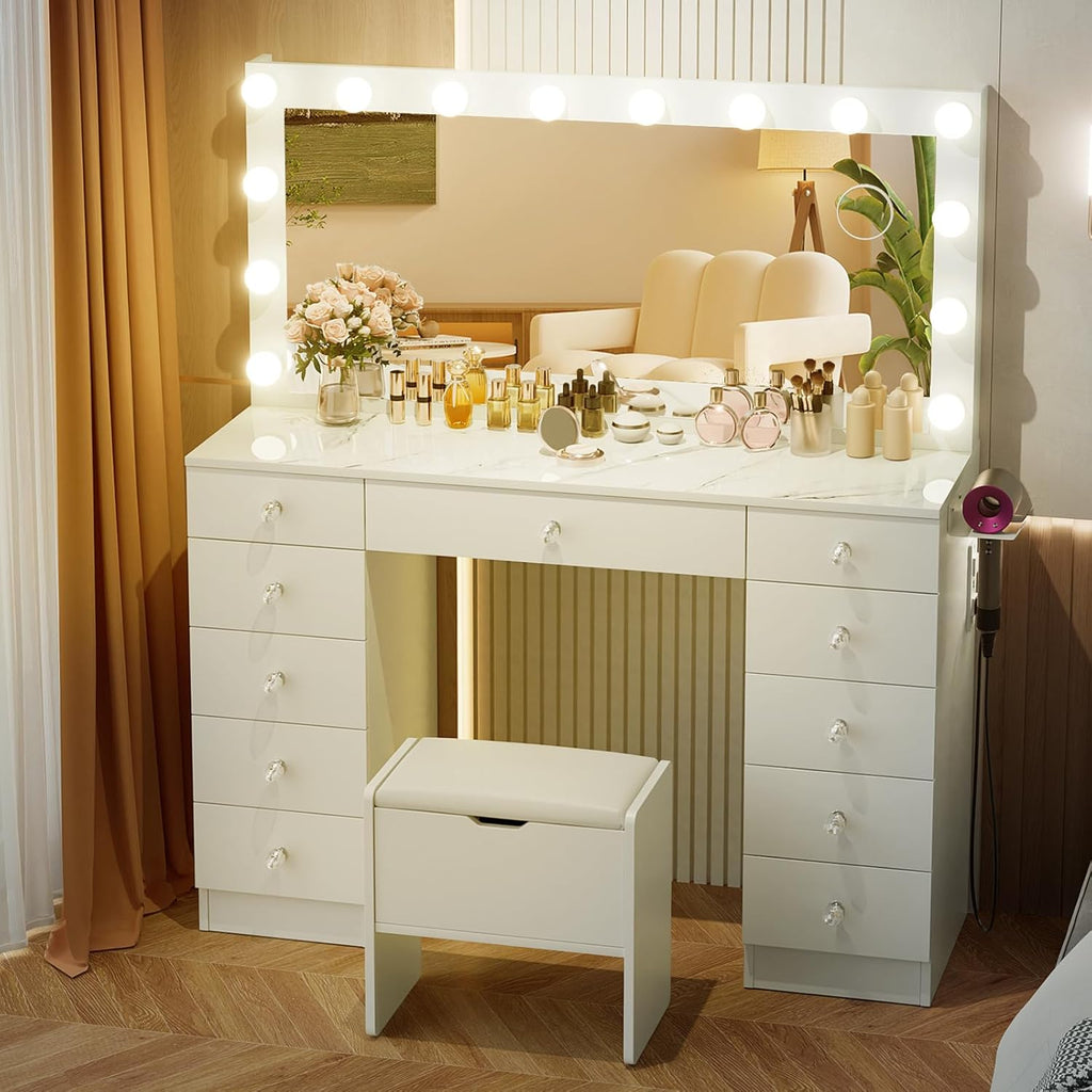 VOWNER Vanity with Lighted Mirror - Makeup Vanity Desk with 11 Drawers and Outlet, 3 Color Lighting Modes Adjustable Brightness, 46' Vanity Table with Soft Cushioned Stool for Bedroom, Marble