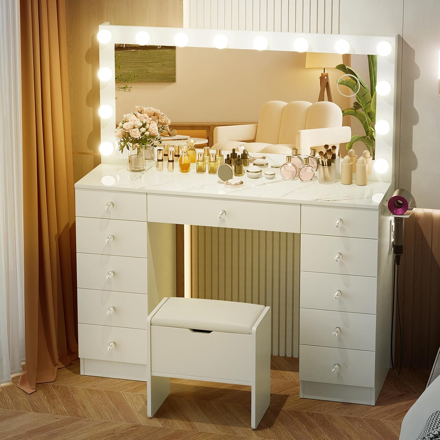 VOWNER Vanity with Lighted Mirror - Makeup Vanity Desk with 11 Drawers and Outlet, 3 Color Lighting Modes Adjustable Brightness, 46' Vanity Table with Soft Cushioned Stool for Bedroom, Marble