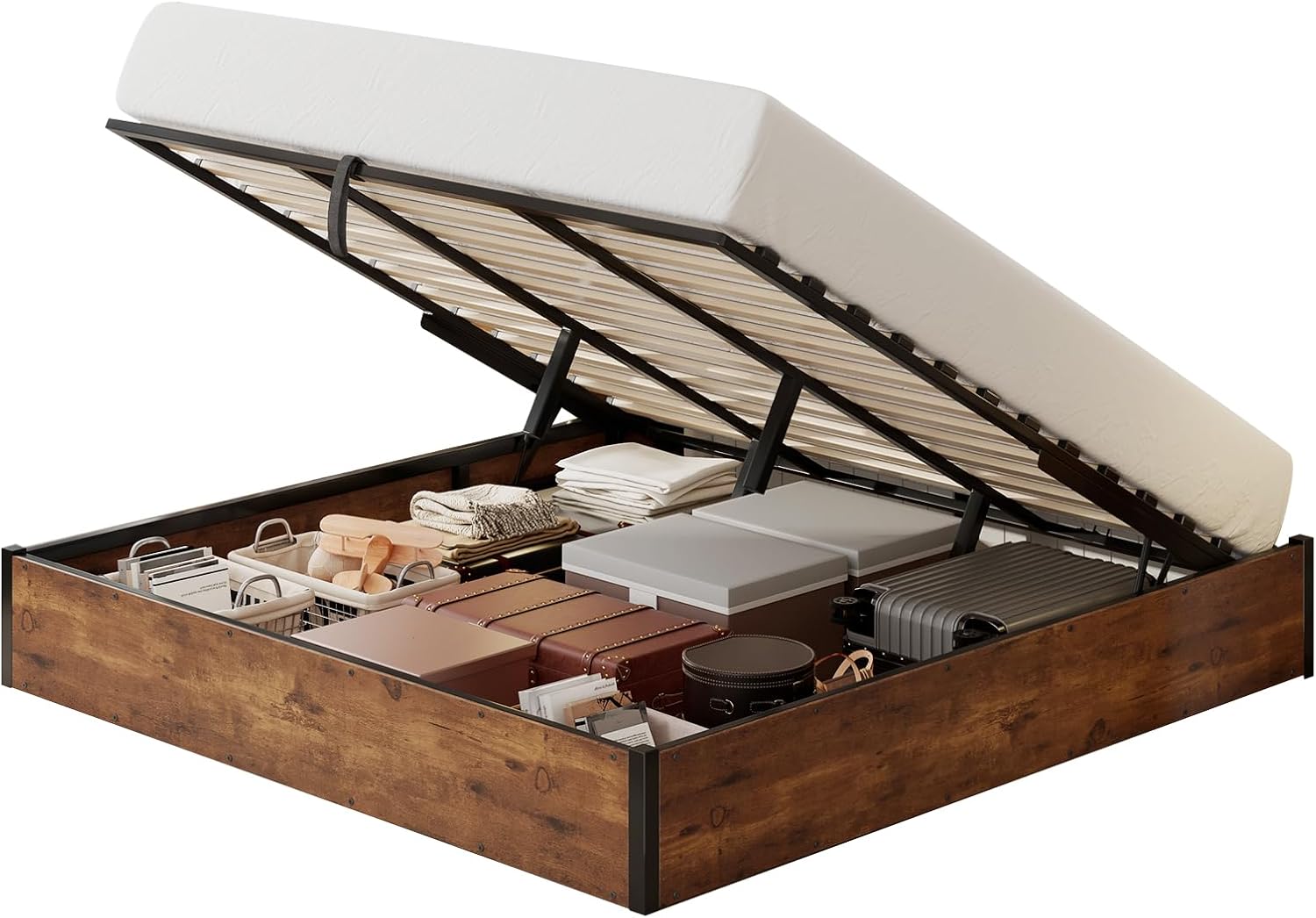 LUXOAK Lift Up Storage Bed Frame, King Size Wooden Slats Platform Bed Frame with Ample Storage Underneath, No Box Spring Needed, Noise Free, Rustic Brown