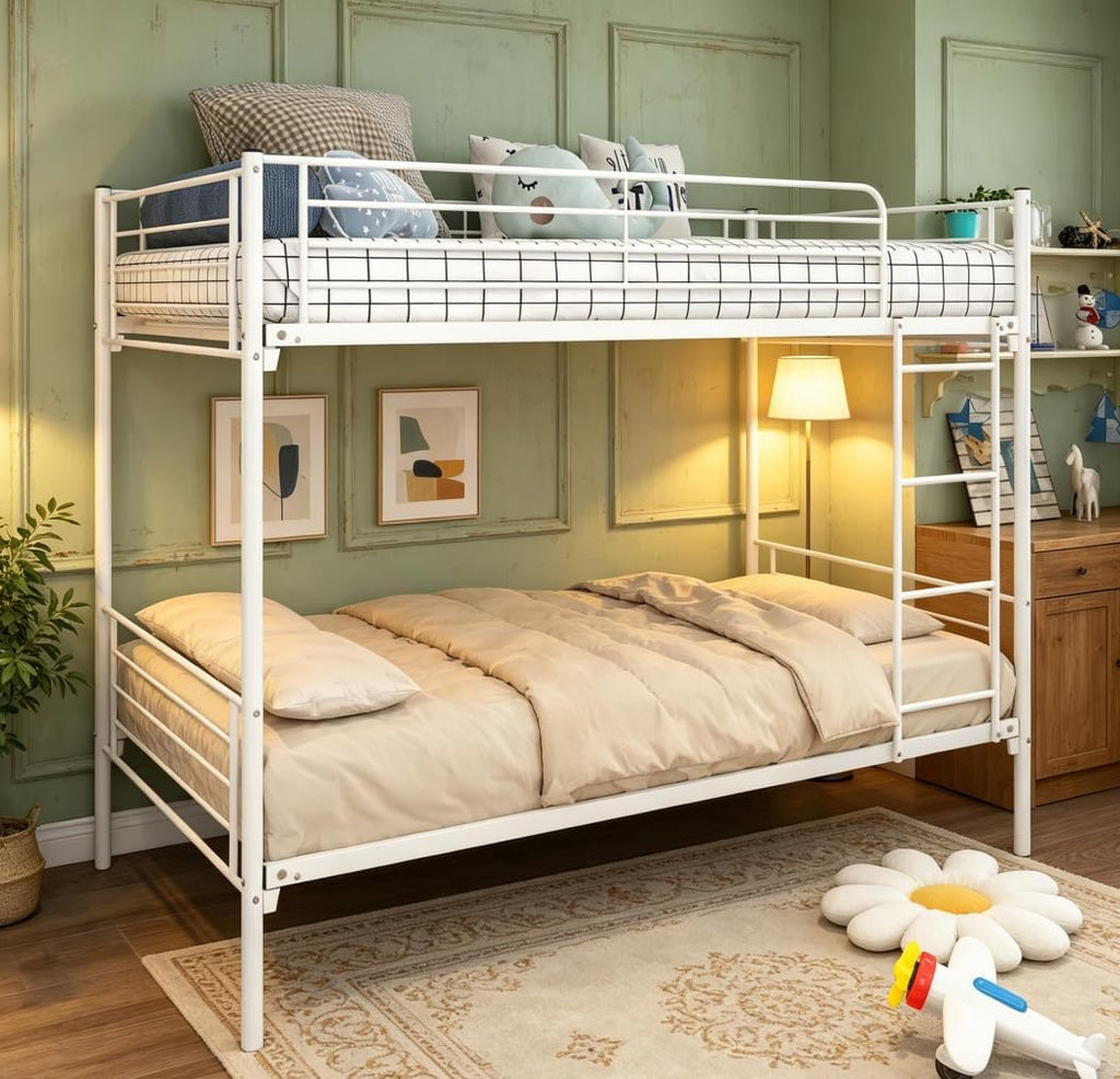 Bellemave Twin Over Twin Bunk Beds, Metal Bunk Bed Frame with Ladder and Full-Length Guardrail for Kids, Adults, Can be Split, White