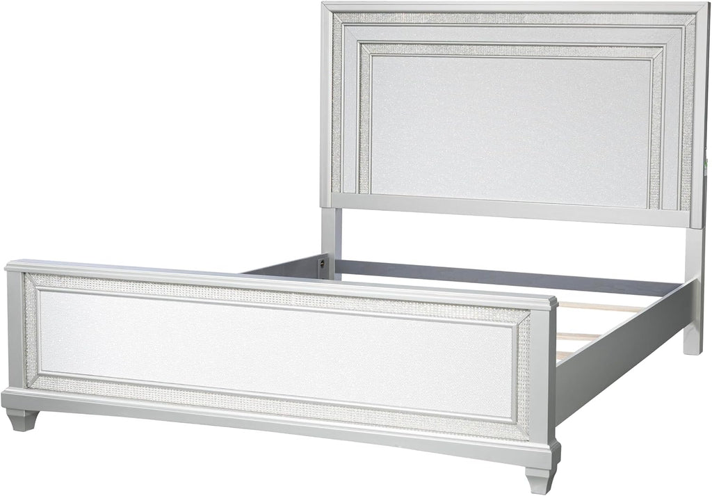 Furniture of America Silvia Glam Solid Wood 4-Piece Bedroom Set with Layered Frame Bed, Faux Crystal Trim LED on Nightstand and Dresser with Mirror, Box Spring Needed for Bedroom, King, Silver