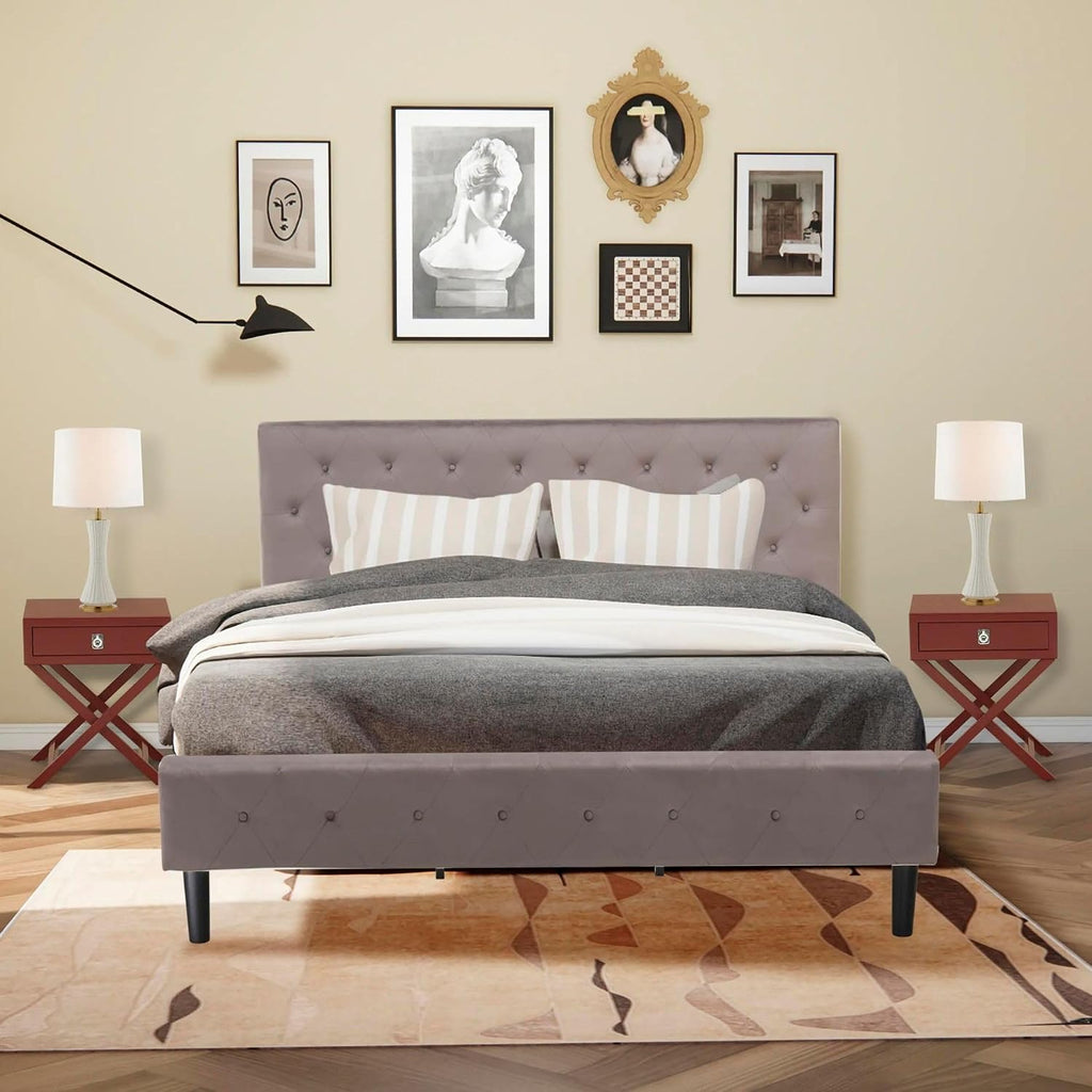 East West Furniture NL14K-2HA13 3 Piece Modern Bedroom Set - King Size Button Tufted Bed Frame - Brown Taupe Velvet Fabric Upholstered Headboard and a Burgundy Finish Nightstand