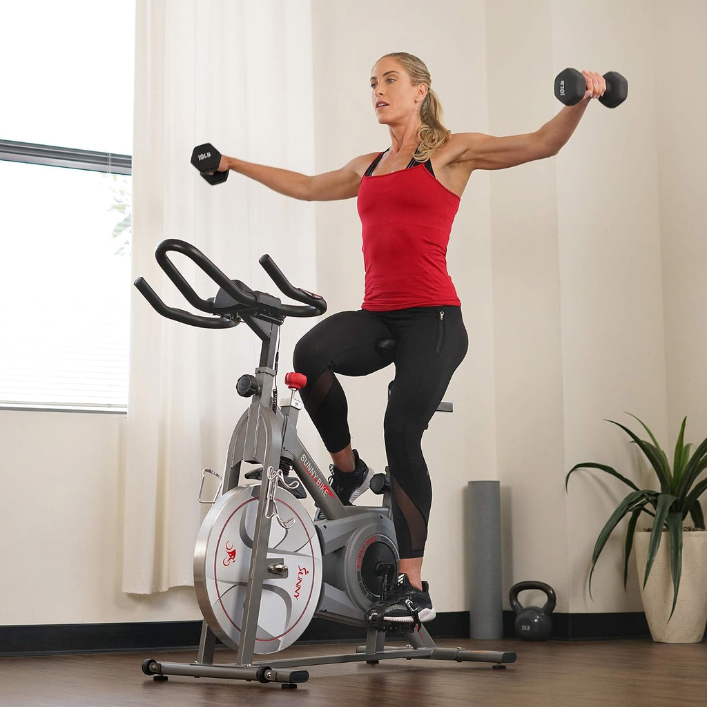 Sunny Health & Fitness Indoor Cycling Exercise Bike w/Pulse Sensors & 4-Way Adjustable Seat, Stationary Home Cardio Training Machine w/Micro-Adjustable Magnetic Resistance for Intensive Cardio Session
