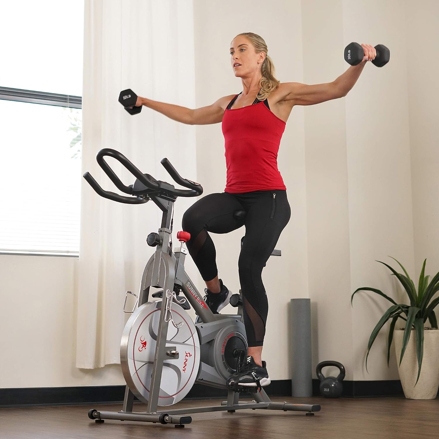 Sunny Health & Fitness Indoor Cycling Exercise Bike w/Pulse Sensors & 4-Way Adjustable Seat, Stationary Home Cardio Training Machine w/Micro-Adjustable Magnetic Resistance for Intensive Cardio Session