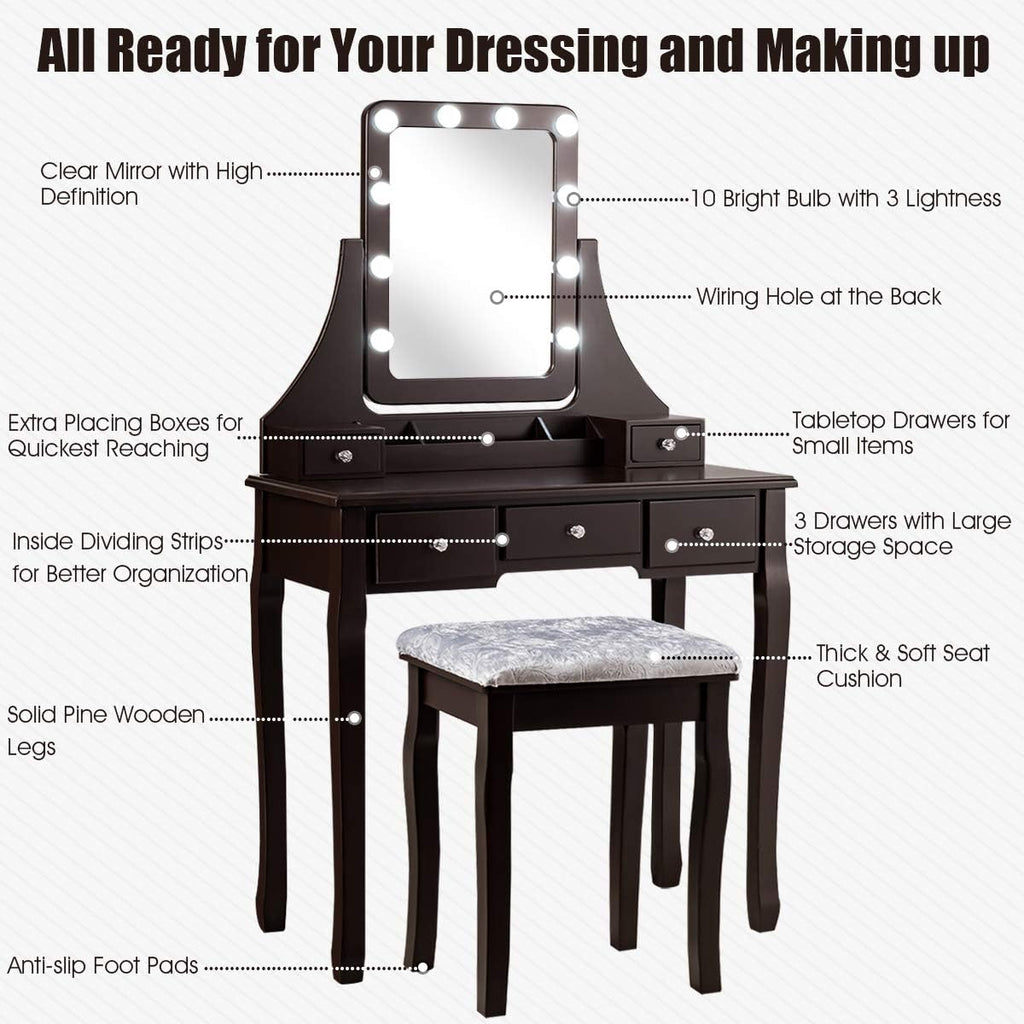 DORTALA Vanity Table Set w/ 360-Degree Rectangular Mirror & Cushioned Stool, Makeup Table w/ 10 LED Dimmable Bulbs, Bedroom Wood Dressing Table w/ 5 Drawers & Removable Box Organizer, Brown