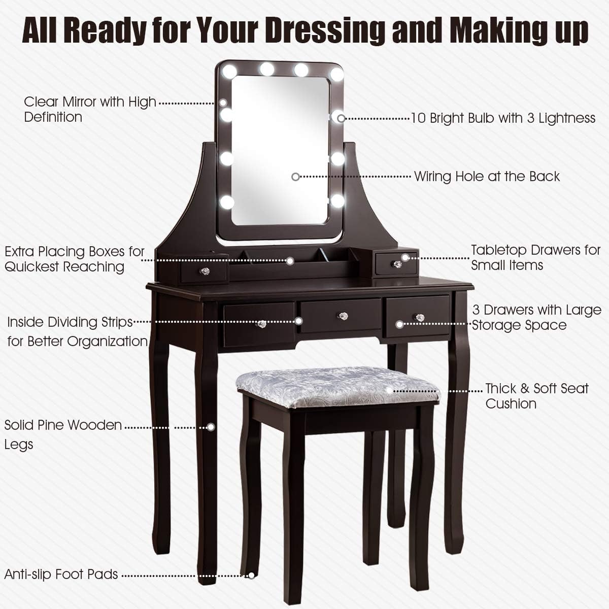 DORTALA Vanity Table Set w/ 360-Degree Rectangular Mirror & Cushioned Stool, Makeup Table w/ 10 LED Dimmable Bulbs, Bedroom Wood Dressing Table w/ 5 Drawers & Removable Box Organizer, Brown
