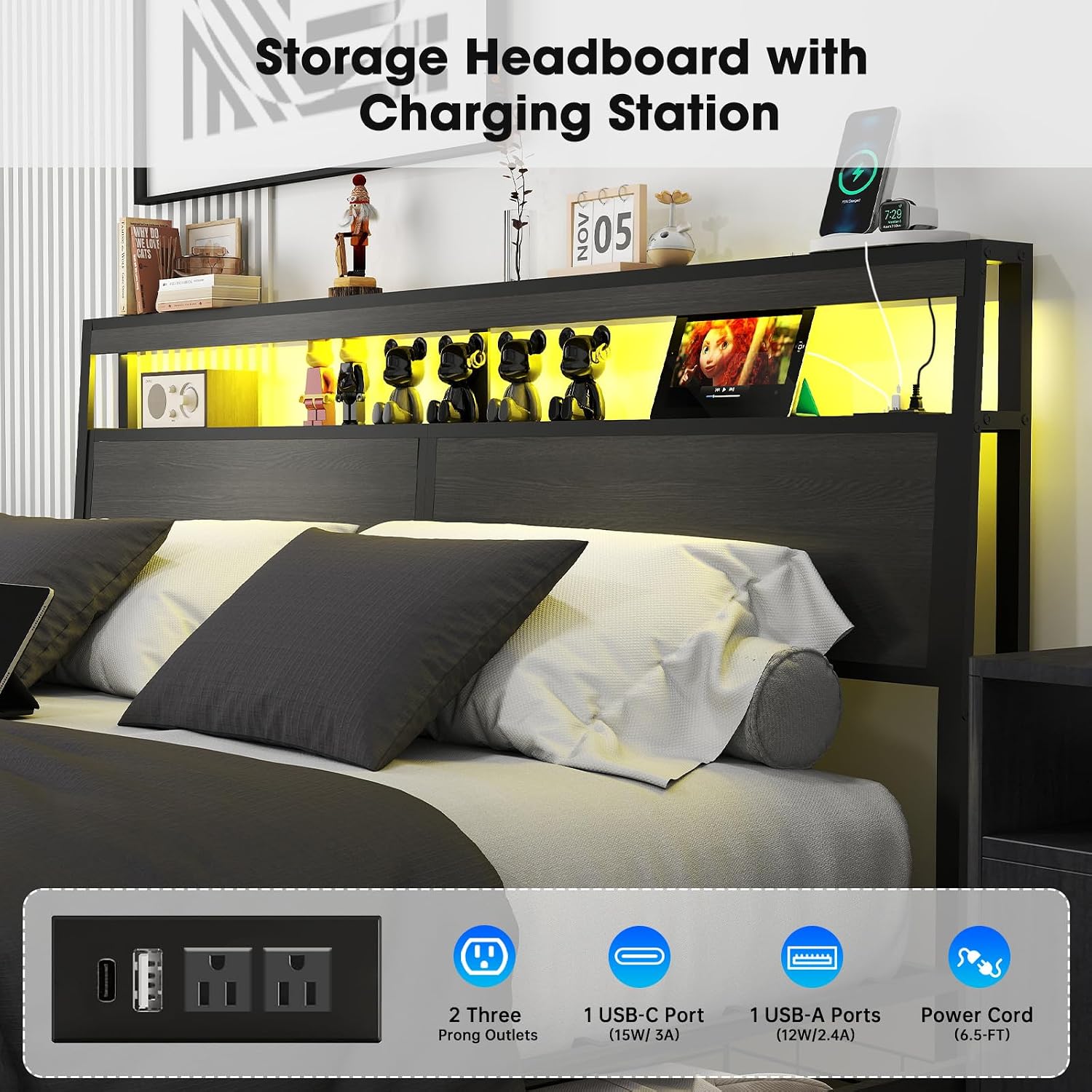 Fabulis King Bed Frame with Storage Headboard and 4 Drawers, Metal Platform Bed Frame with LED Light, Charging Station, No Box Spring Needed, Noise Free, Easy Assembly,Charcoal Grey