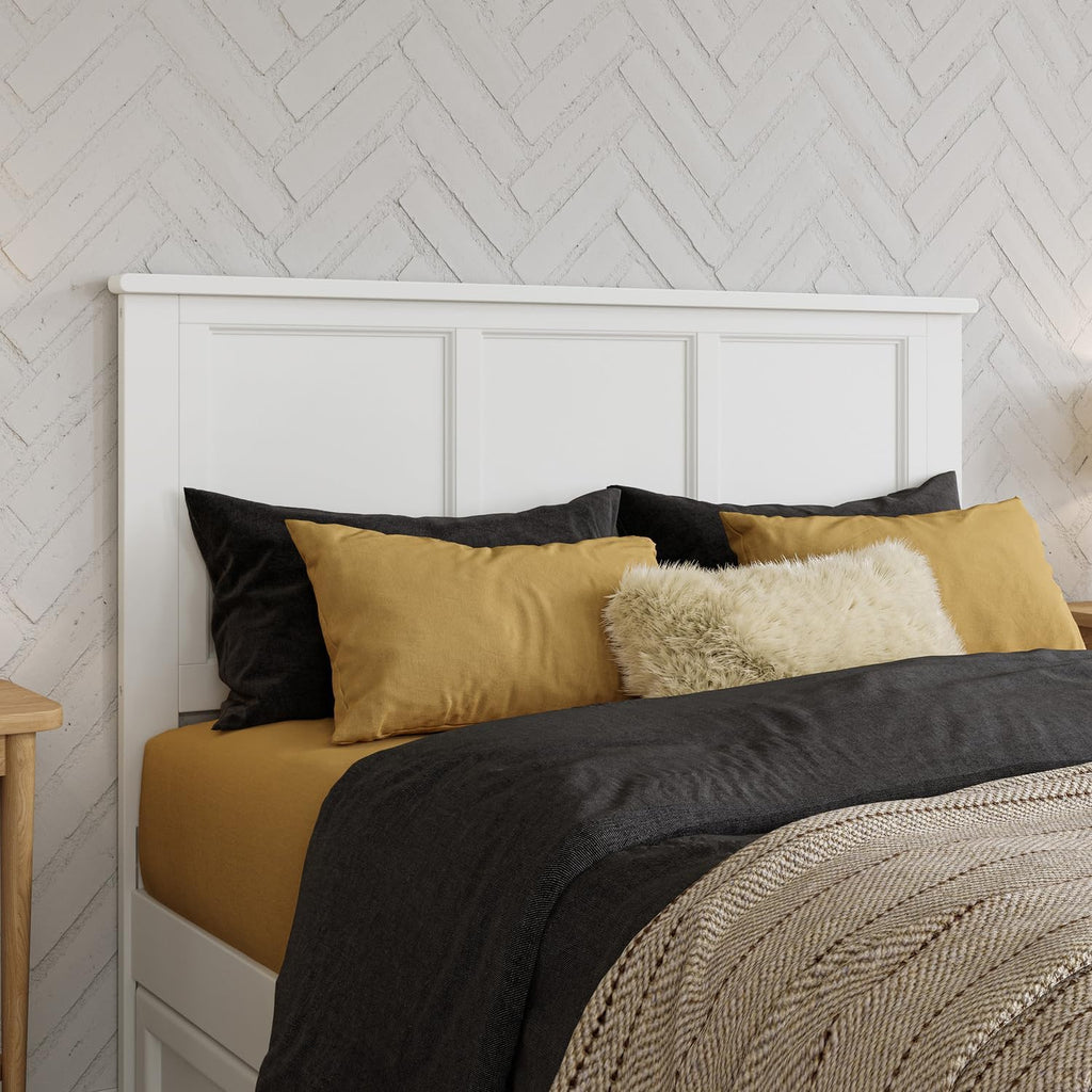 HomeStock Victorian Headboard with USB Charger Wood Panel Design Metal Bed Frame Compatible White/Full