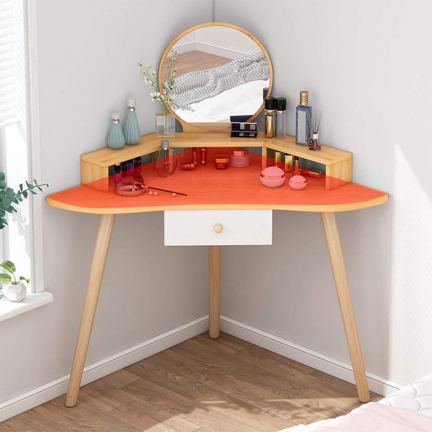 UNNS Makeup Dressing Table Modern Vanity Table Vanity Hair Styling Table with 1 Drawers Corner Dressing Table Makeup Desk for Home Bedroom Decor Gift， Wood Vanities for Makeup