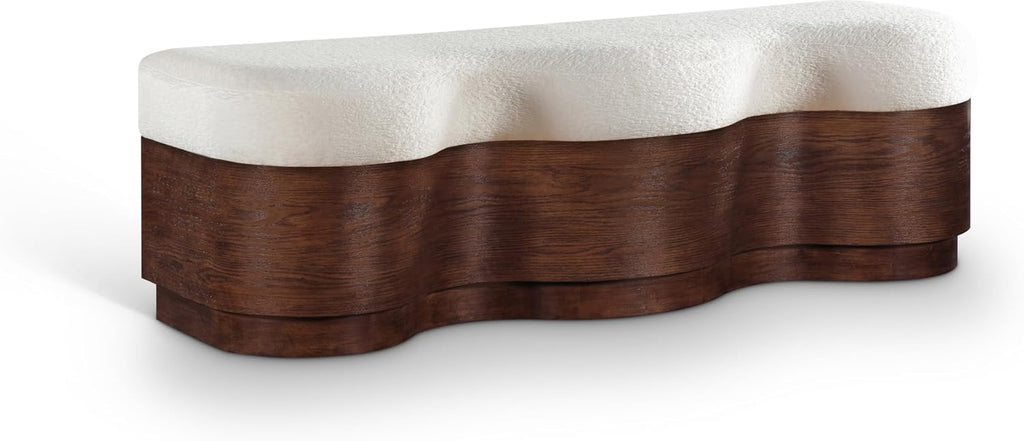 Meridian Furniture 22082Cream Savoy Collection Art Deco Bench with Soft Cream Velour Fur Fabric, Rich Brown Walnut Finish, Mix of Solid Wood & MDF, 60' W x 18.5' D x 18.5' H, Cream