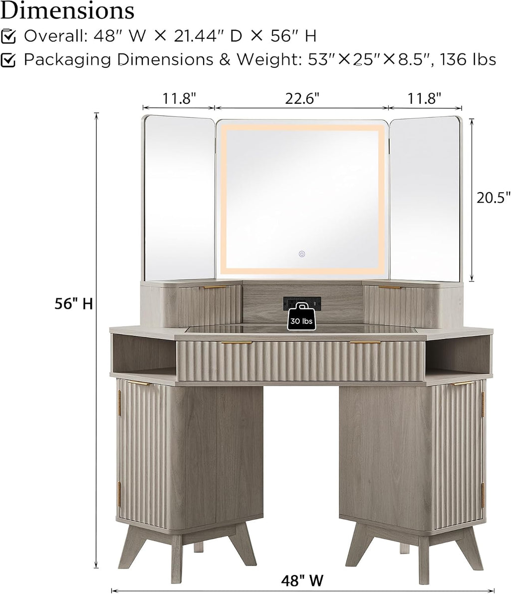 T4TREAM Fluted Makeup Vanity Desk with 3 Way Mirror and Lights, 48' Large Corner Vanity Table with Glass Top, Charging Station, 3 Drawers, Storage Cabinets & Shelves, for Bedroom, White Alder