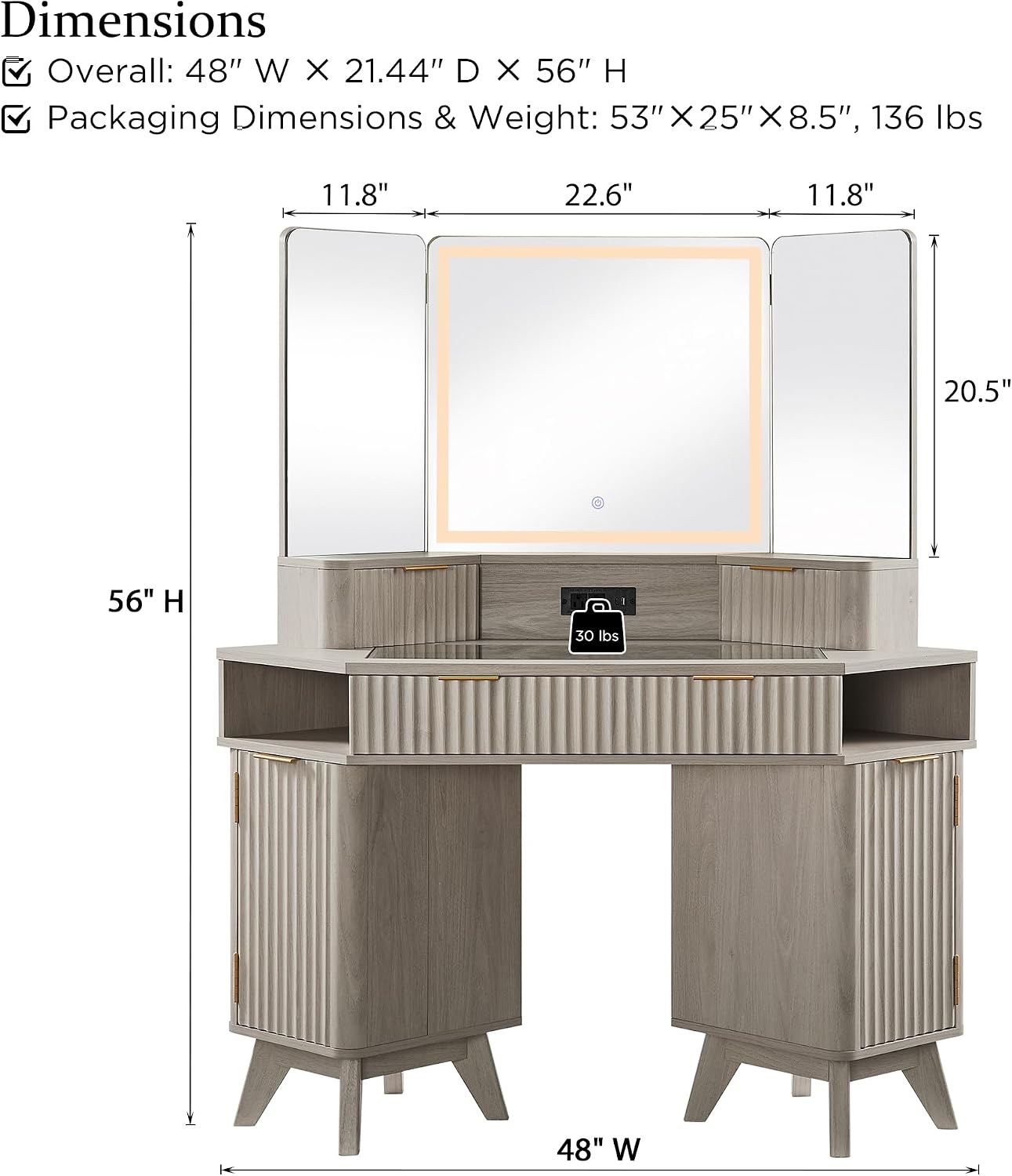 T4TREAM Fluted Makeup Vanity Desk with 3 Way Mirror and Lights, 48' Large Corner Vanity Table with Glass Top, Charging Station, 3 Drawers, Storage Cabinets & Shelves, for Bedroom, White Alder