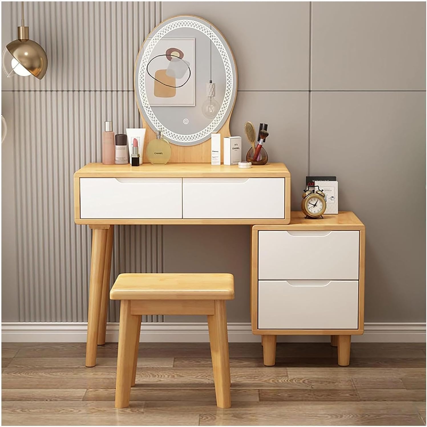 Rieort Vanity Desk MDF Vanity Benches with Adjustable Lights Mirror Makeup Table 4 Drawers Vanity Table Set Luxury Dressing Table