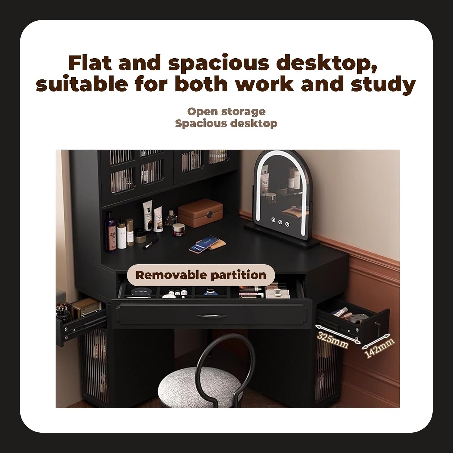 Black Corner Dressing Table Without Mirror,Makeup Vanity Table with Cabinet & Shelf & Handheld Mirror,French(1 Side Cabinet_70CM)