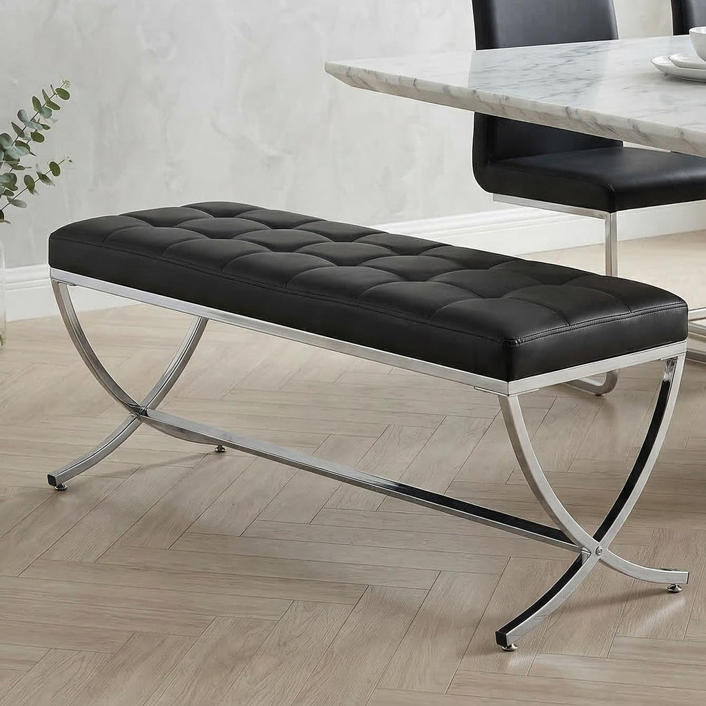 LukeAlon Modern PU Leather Dining Bench, Button Tufted Ottoman Bench with X-Shape Chrome Finish Upholstered End of Bed Bench Comfy Entryway Bench for Bedroom Kitchen, Black