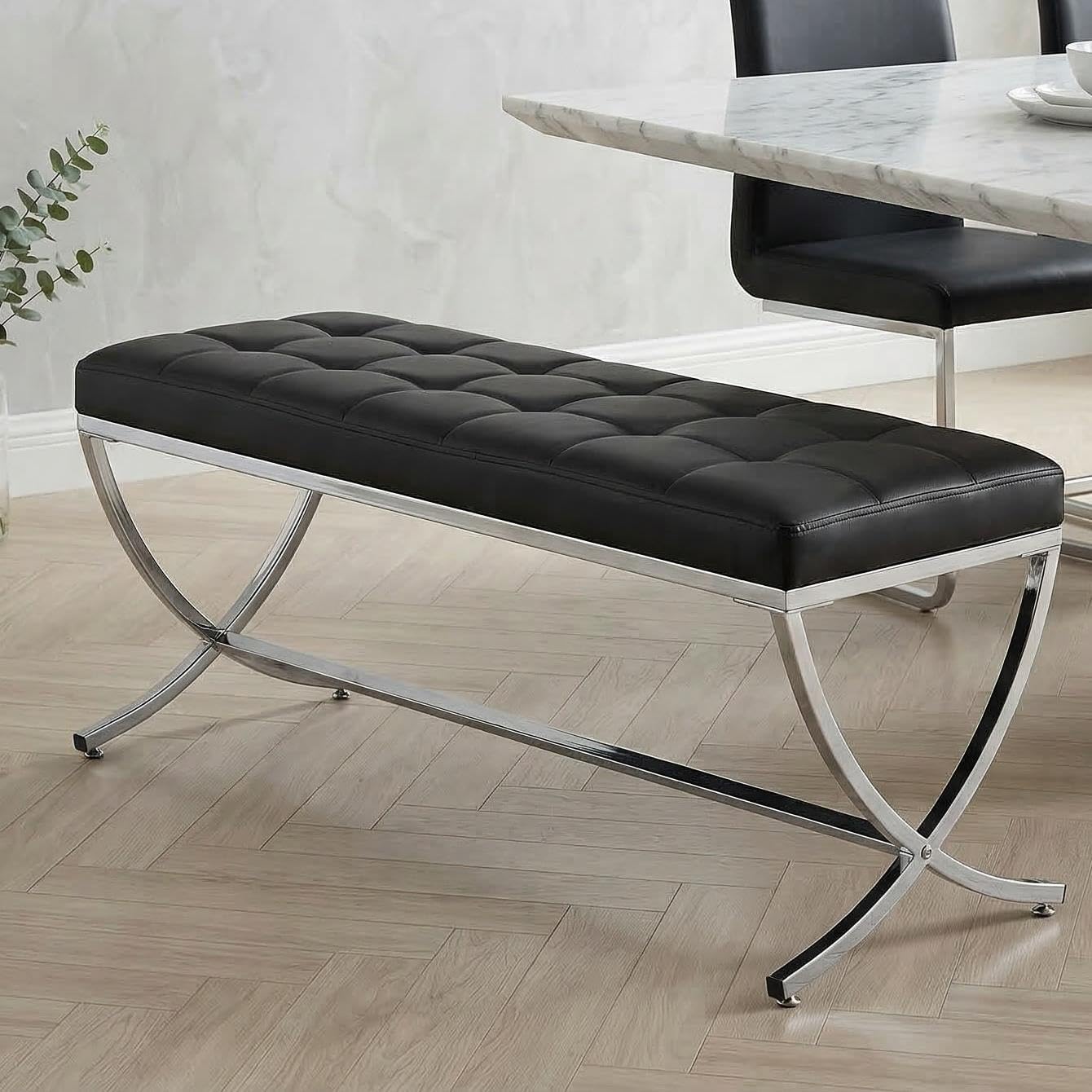 LukeAlon Modern PU Leather Dining Bench, Button Tufted Ottoman Bench with X-Shape Chrome Finish Upholstered End of Bed Bench Comfy Entryway Bench for Bedroom Kitchen, Black