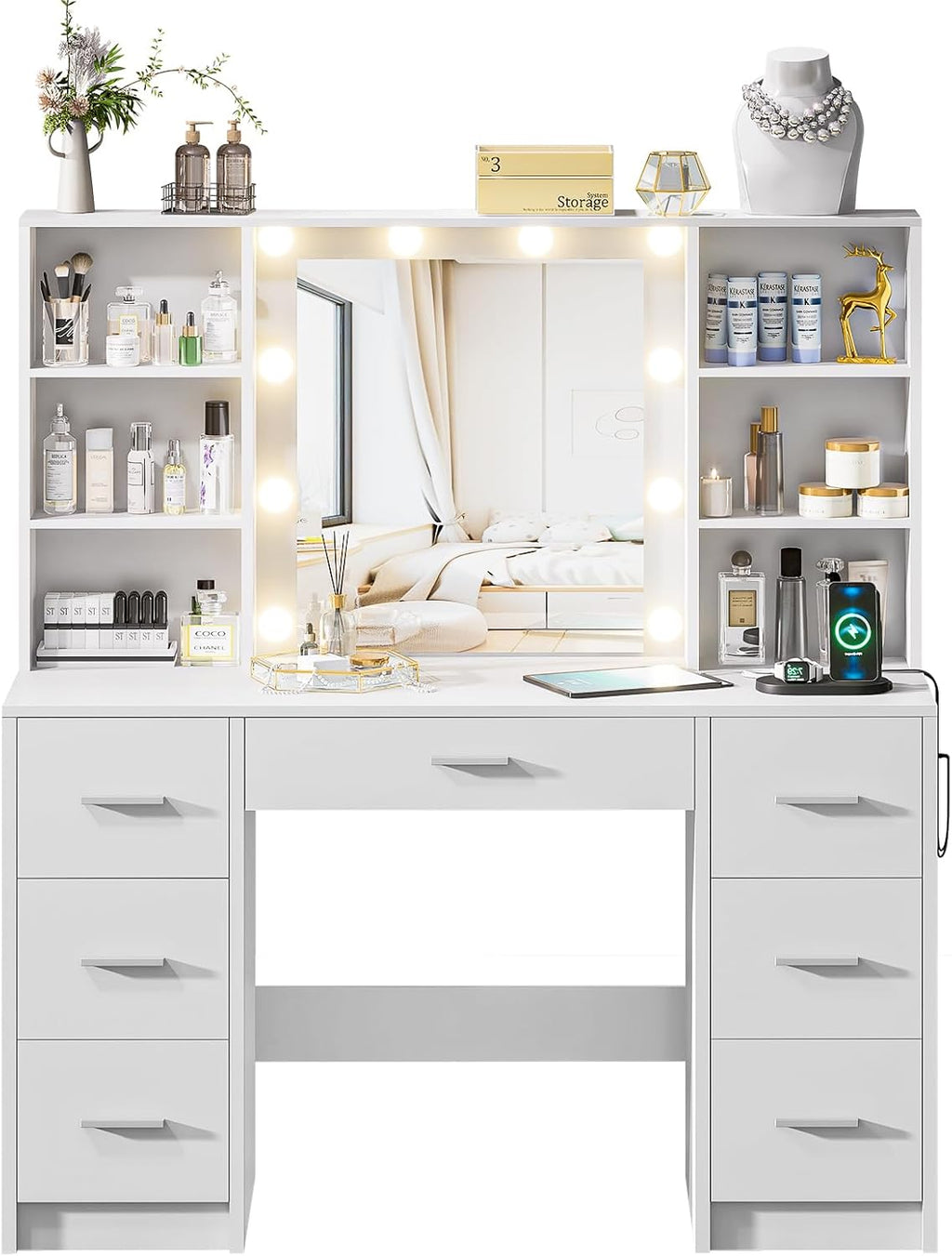 Vanity Desk with Lighted Mirror & Power Outlet, Makeup Vanity with 7 Drawers and 6 Storage Shelves, Bedroom Dressing Table with 3 Lighting Modes & Brightness Adjustable for Girls, Women, White