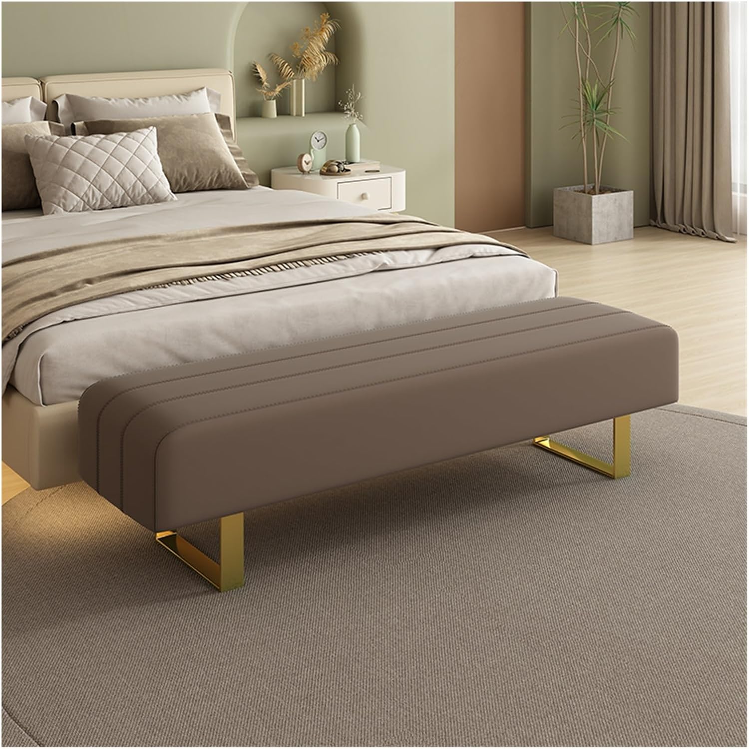 End of Bed Bench End of Bed Bench,Modern Entryway Bench Faux Leather Upholstered Dining Bench,Vanity Bench with Metal Legs,Tufted Bedroom Bench for Makeup Room, Living Room, Bathroom Entrance Bench(Br