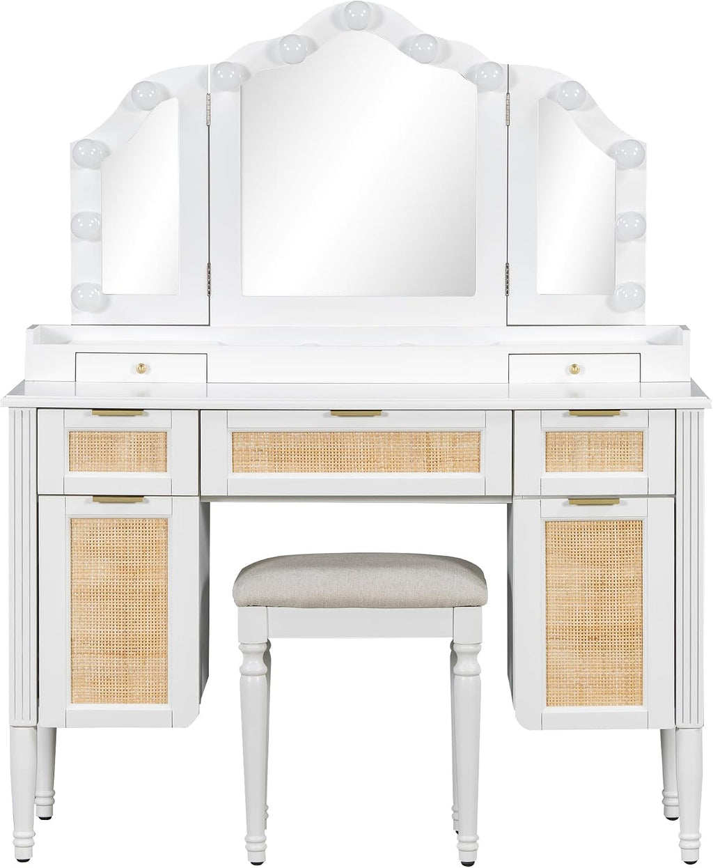 JIJIWANG 44.37' Makeup Vanity Desk with 13 Hollywood Bulbs and 3 Lighting Modes, Dressing Table with Tri-Fold Mirror, Large Vanity Table with 5 Drawers and Shelves and 2 Cabinets for Bedroom, White