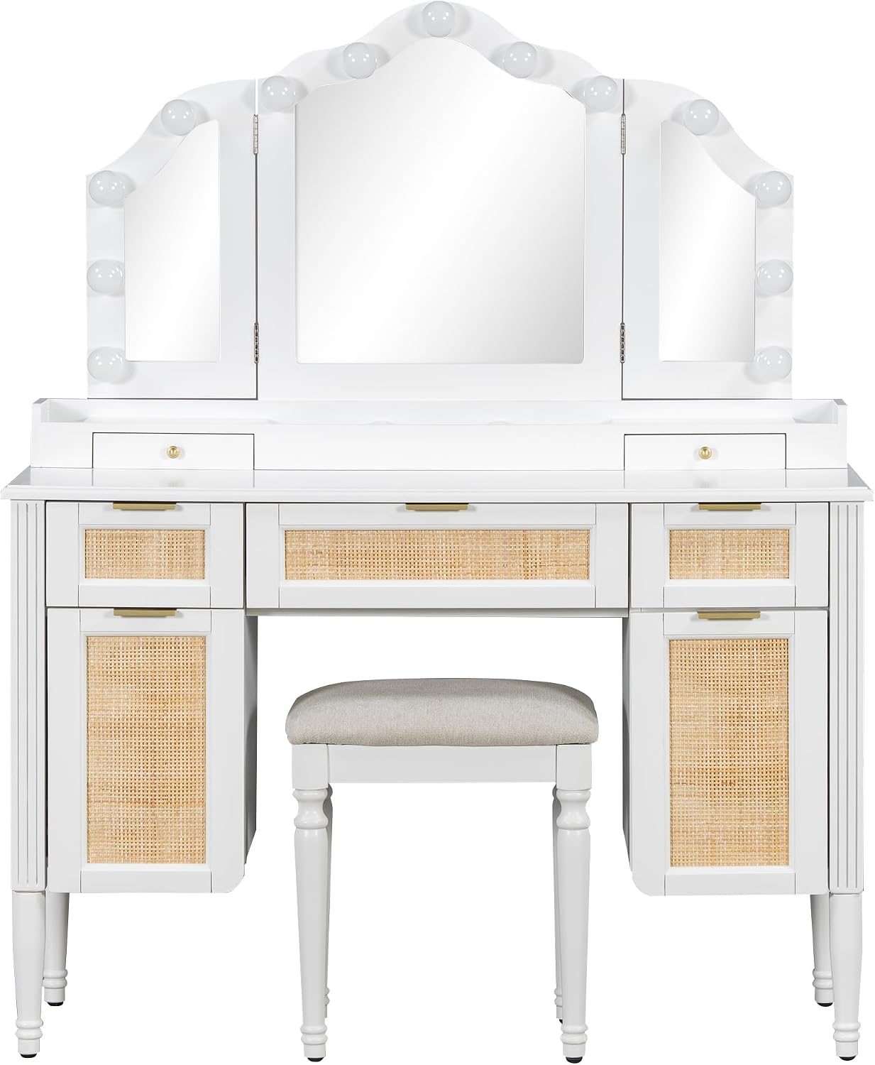 JIJIWANG 44.37' Makeup Vanity Desk with 13 Hollywood Bulbs and 3 Lighting Modes, Dressing Table with Tri-Fold Mirror, Large Vanity Table with 5 Drawers and Shelves and 2 Cabinets for Bedroom, White