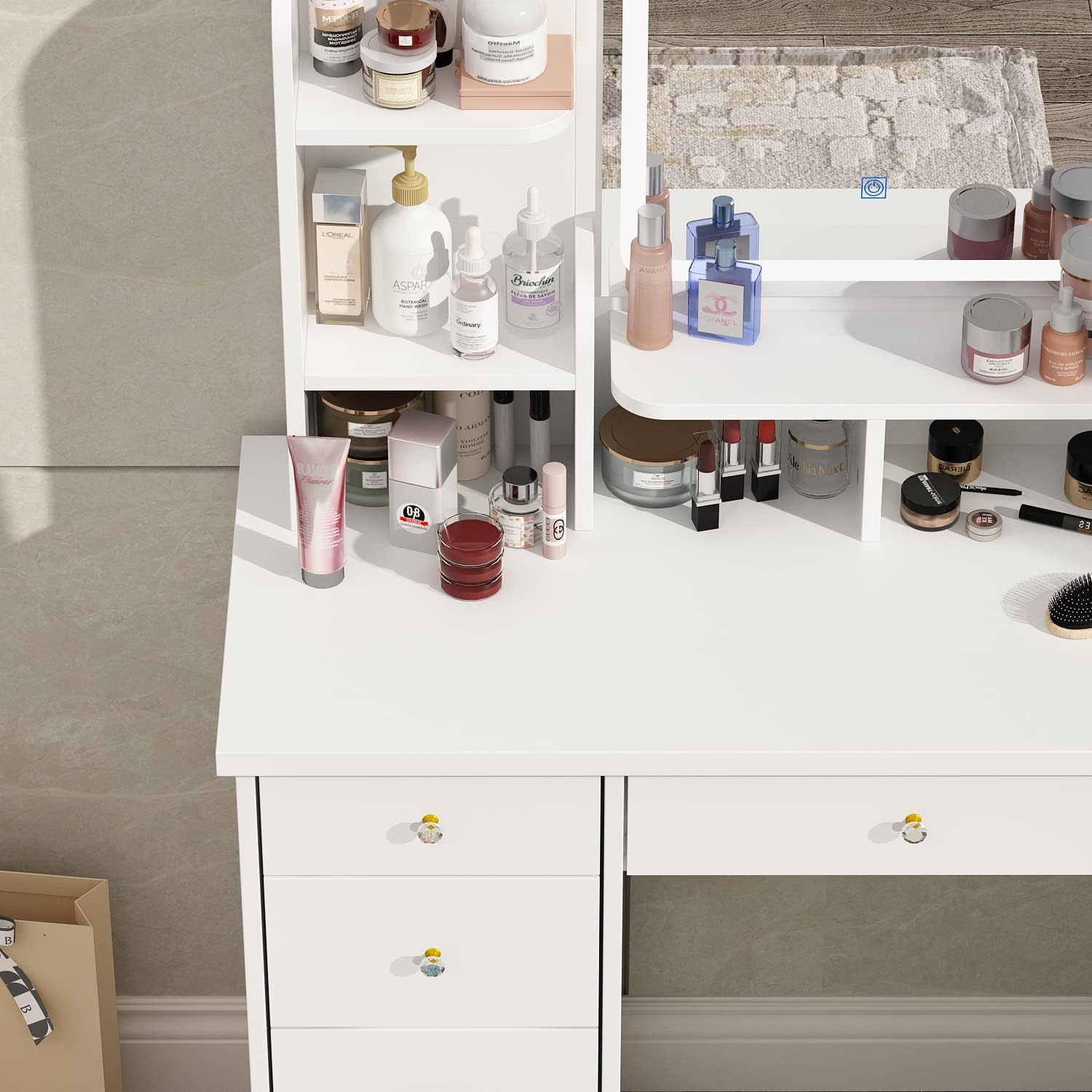 ECACAD Vanity Desk, Vanity Table Set with LED Lighted Mirror, Makeup Vanity Dressing Table with Drawers, Storage Shelves, Crystal Handles and Cushioned Stool, White