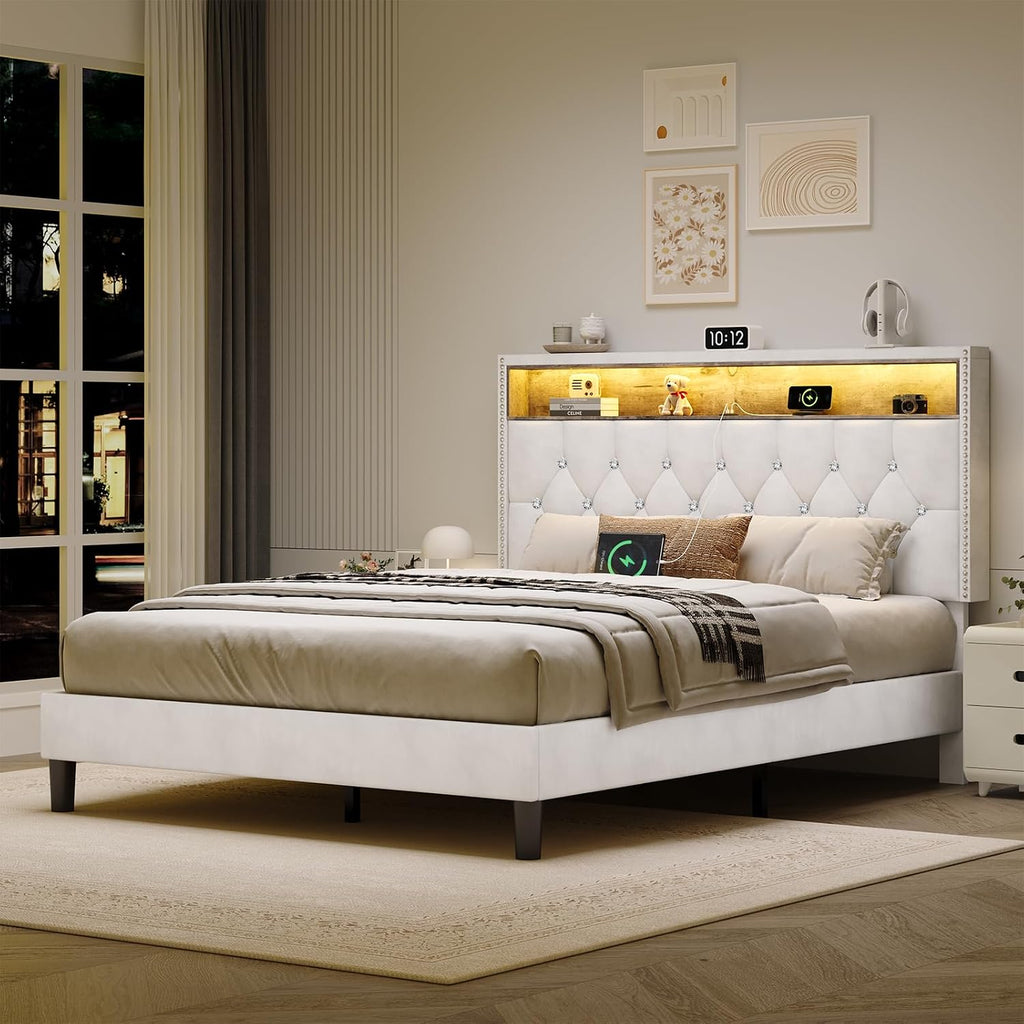HOMBCK Full Size Bed Frame with LED Lights, Velvet Upholstered Bed Frame Full with Charging Station and Storage Headboard, Modern Diamond and Rivet Design, No Box Spring Needed, Easy Assembly, Beige