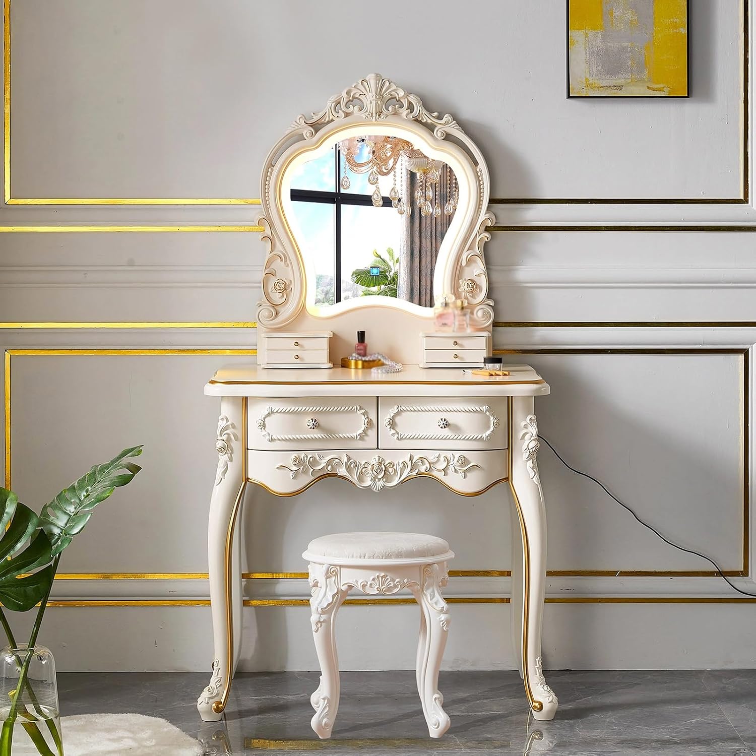 Dressing Table,Vanity Desk with Drawers and Cushioned Stool,Makeup Vanity Table Set with Mirror and Light,European Retro(A)