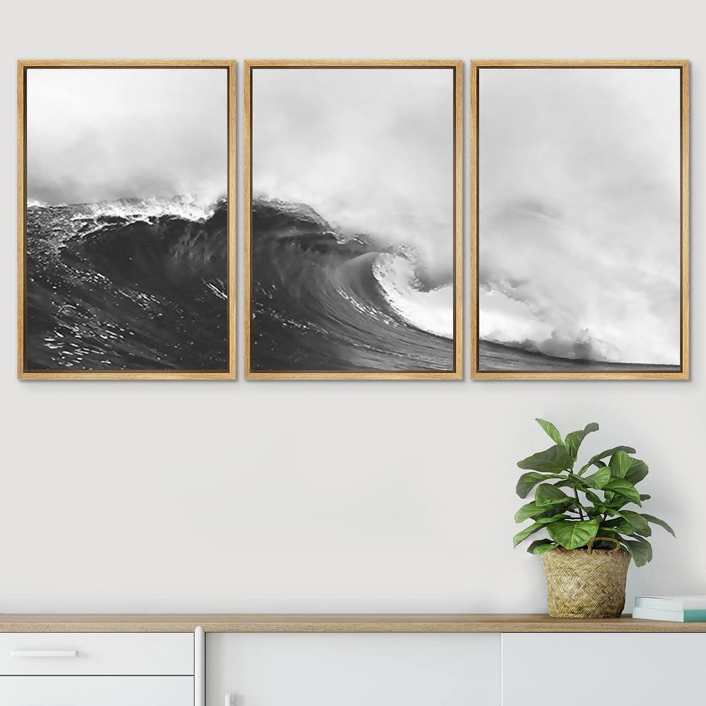 SIGNWIN Framed Canvas Print Wall Art Set Black & White Ocean Beach Waves Nature Wilderness Photography Modern Art Rustic Landscape Relax/Calm for Living Room, Bedroom, Office - 24'x36'x3 Natural