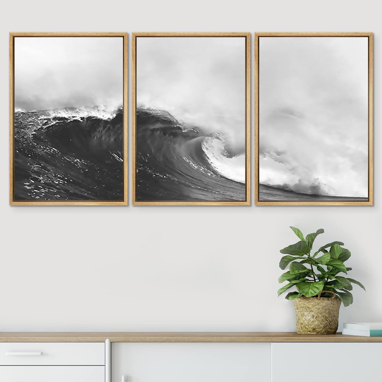 SIGNWIN Framed Canvas Print Wall Art Set Black & White Ocean Beach Waves Nature Wilderness Photography Modern Art Rustic Landscape Relax/Calm for Living Room, Bedroom, Office - 24'x36'x3 Natural