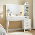 T4TREAM 48' Fluted Makeup Vanity Desk with Large 36' Mirror and Lights, Modern Glass Top Big Vanity Table with 5 Drawers & Adjustable Shelves, Dressing Table Set w/Charging Station for Bedroom, White