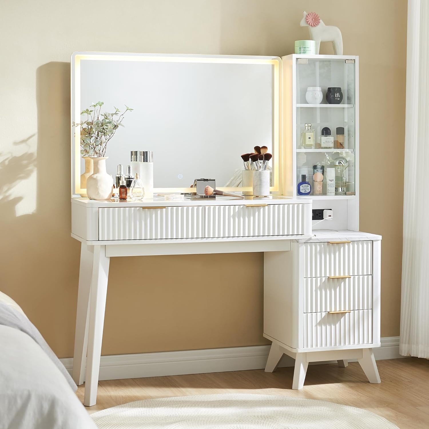 T4TREAM 48' Fluted Makeup Vanity Desk with Large 36' Mirror and Lights, Modern Glass Top Big Vanity Table with 5 Drawers & Adjustable Shelves, Dressing Table Set w/Charging Station for Bedroom, White