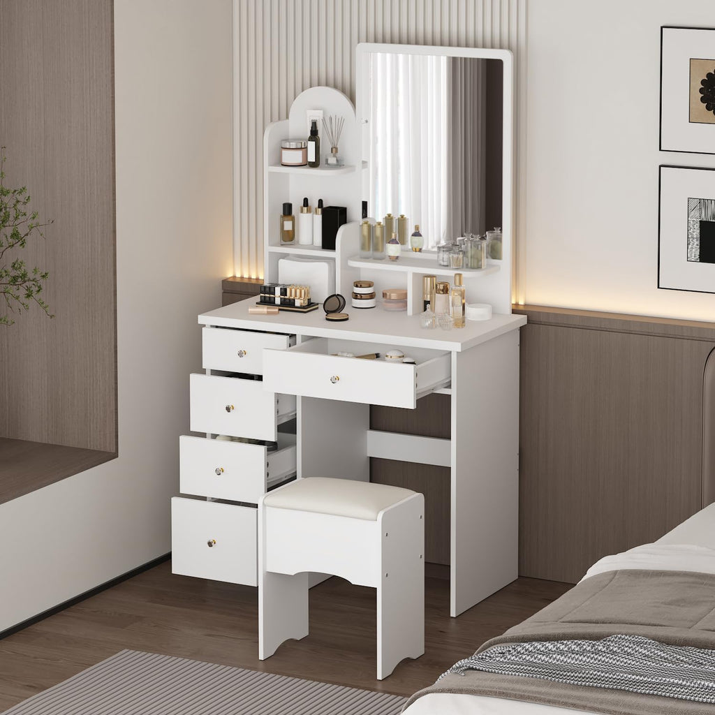 FUFU&GAGA Vanity Set with Mirror, Makeup Vanity Dressing Table with 5 Drawers, Shelves, Dresser Desk and Cushioned Stool Set (White)