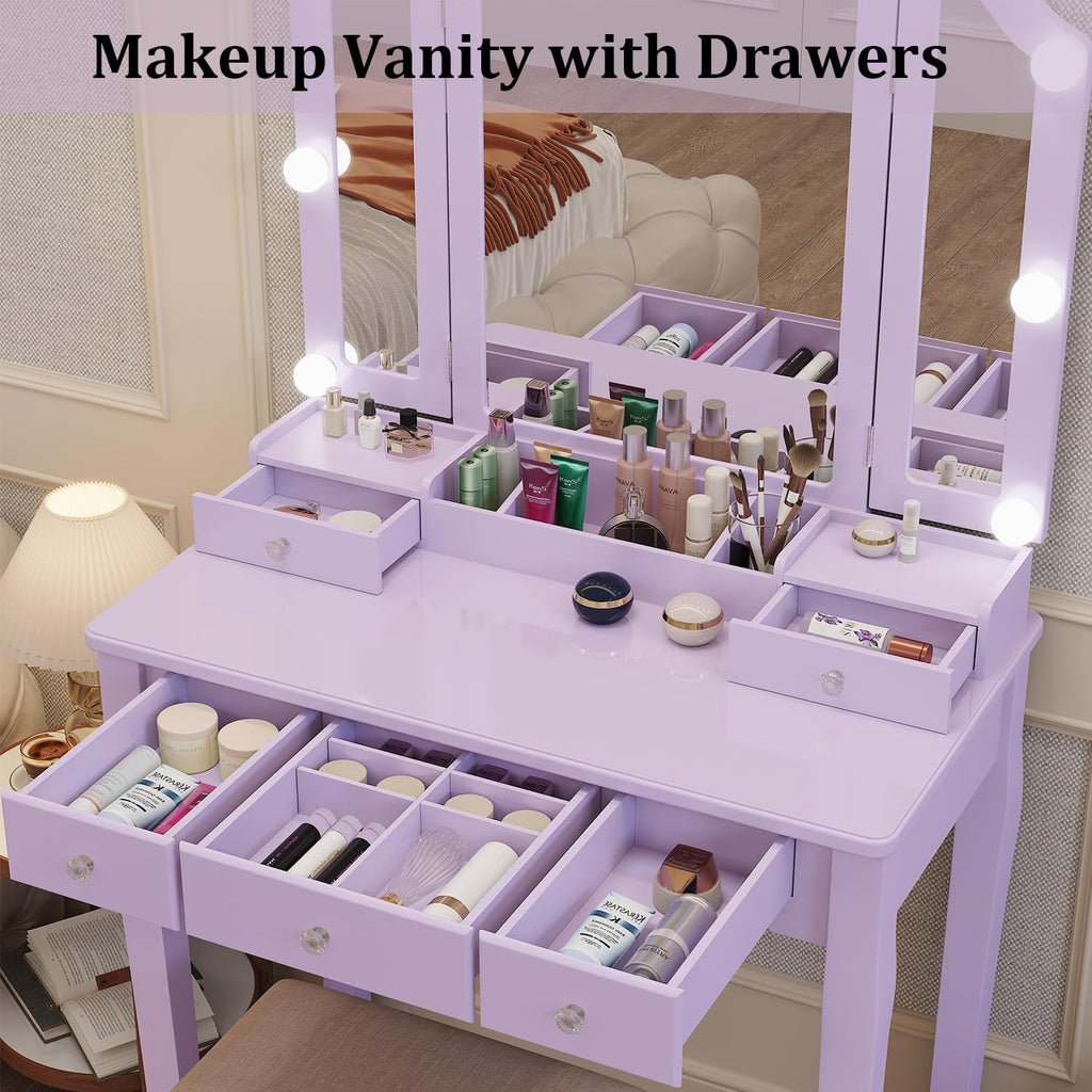YIXHQ Purple Vanity Makeup Vanity Desk with Lights Vanity for Teen Girls Vanity Set for Teenager Vanity Table with Mirror for Bedroom Vanity Mirror with Lights Girls Desk and Chair