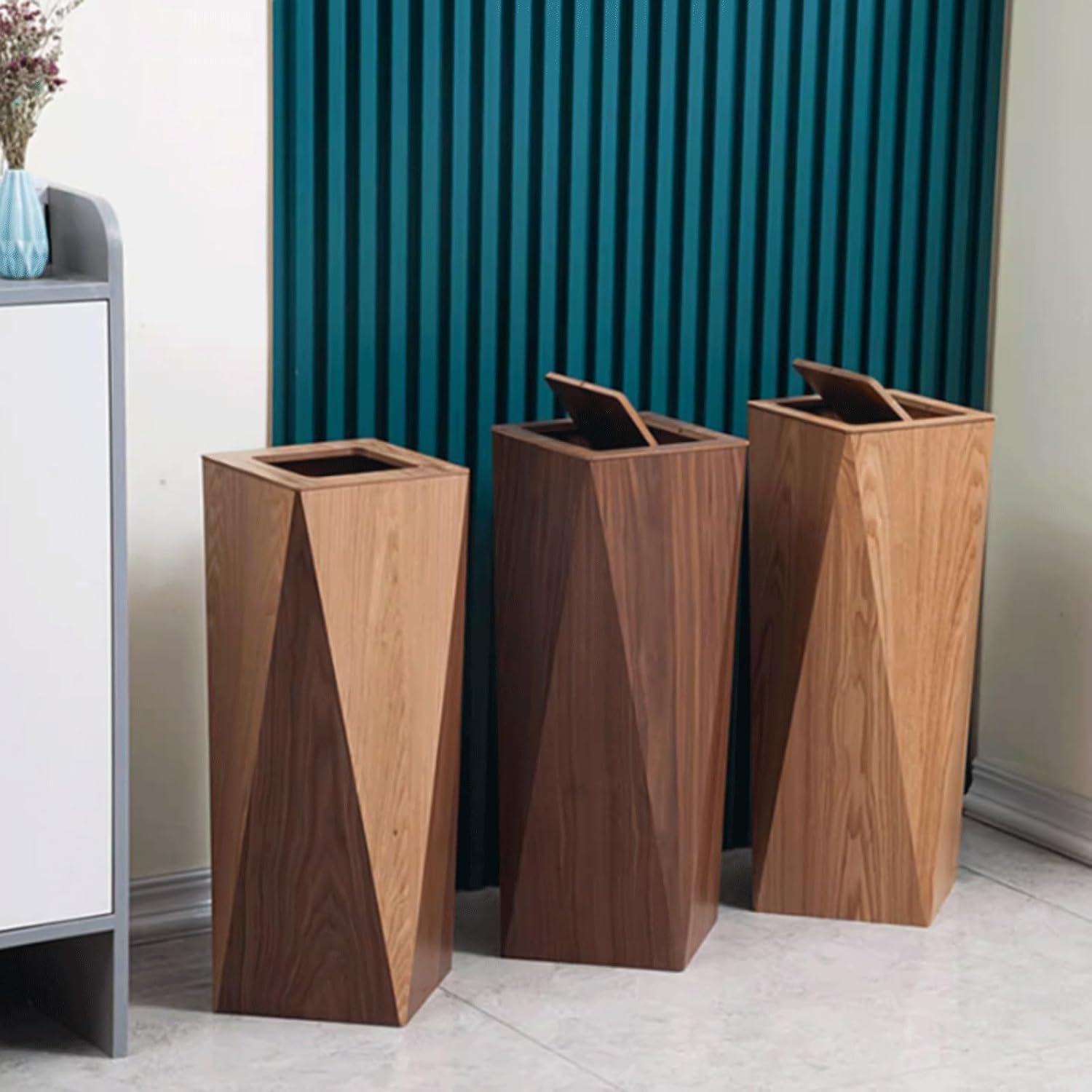 Wooden Trash Can with Diamond Design High Grade Household Waste Basket for Living Room Office and Bathroom Smart and Stylish Garbage Bin for Home or Work (Mixed Colors)