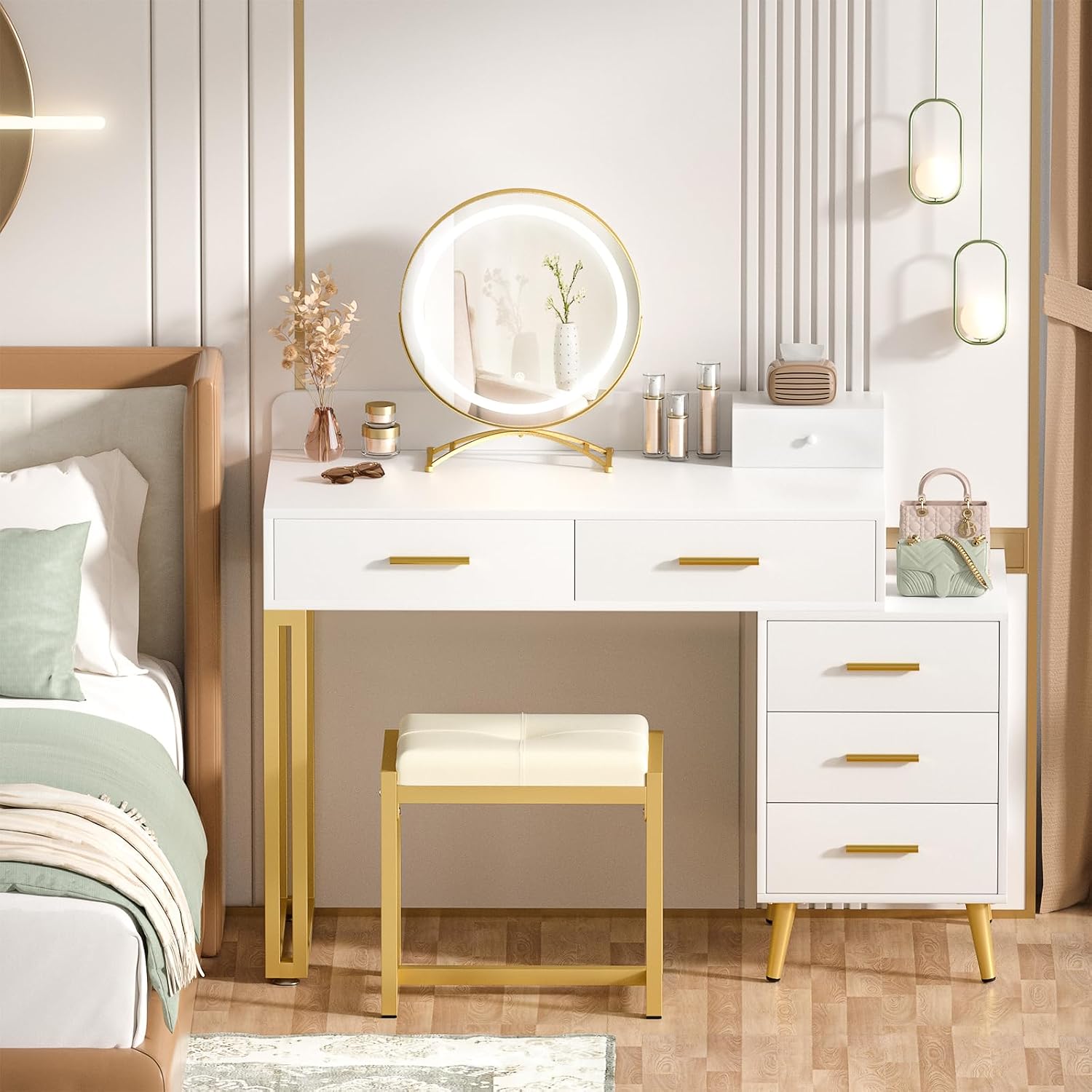 Armocity White Vanity Desk with Mirror and Lights, Modern Makeup Vanity Table Set with 6 Storage Drawers and Cushioned Stool for Bedroom, Dressing Table with Divided Organizers for Women Girls, White