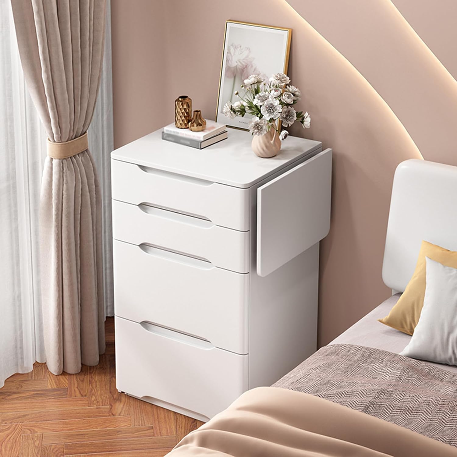 3 in 1 Compact Dressing Table with Mirror and Lights,Small Vanity Desk with Stool and 3 Drawers,Corner Makeup Table with Foldable Panel for Bedroom Living Room Small Space