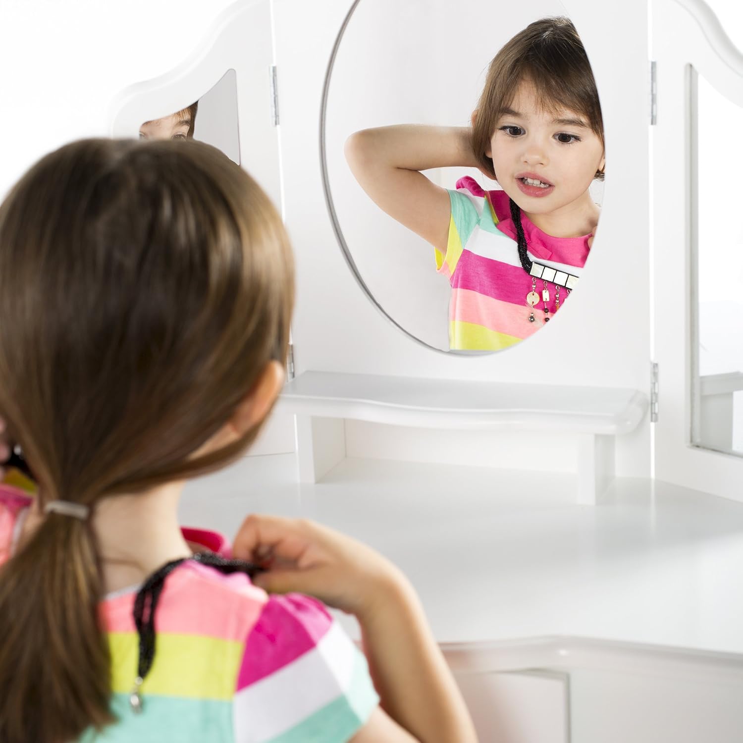 Guidecraft Classic White Vanity and Stool Set: Kids' Wooden Table with 3 Mirrors, Storage Seat and Make-Up Drawer - Children's Furniture