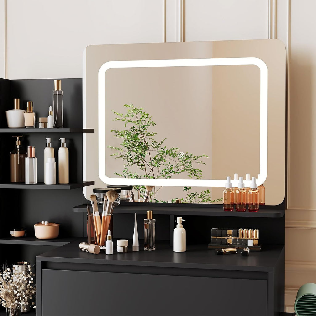Vanity Set with Mirror and Adjustable Lights, Makeup Vanity Table with Built-in Charging Station, Vanity Desk with 4 Drawers, 4 Shelves, Vanity Bench for Bedroom-Black