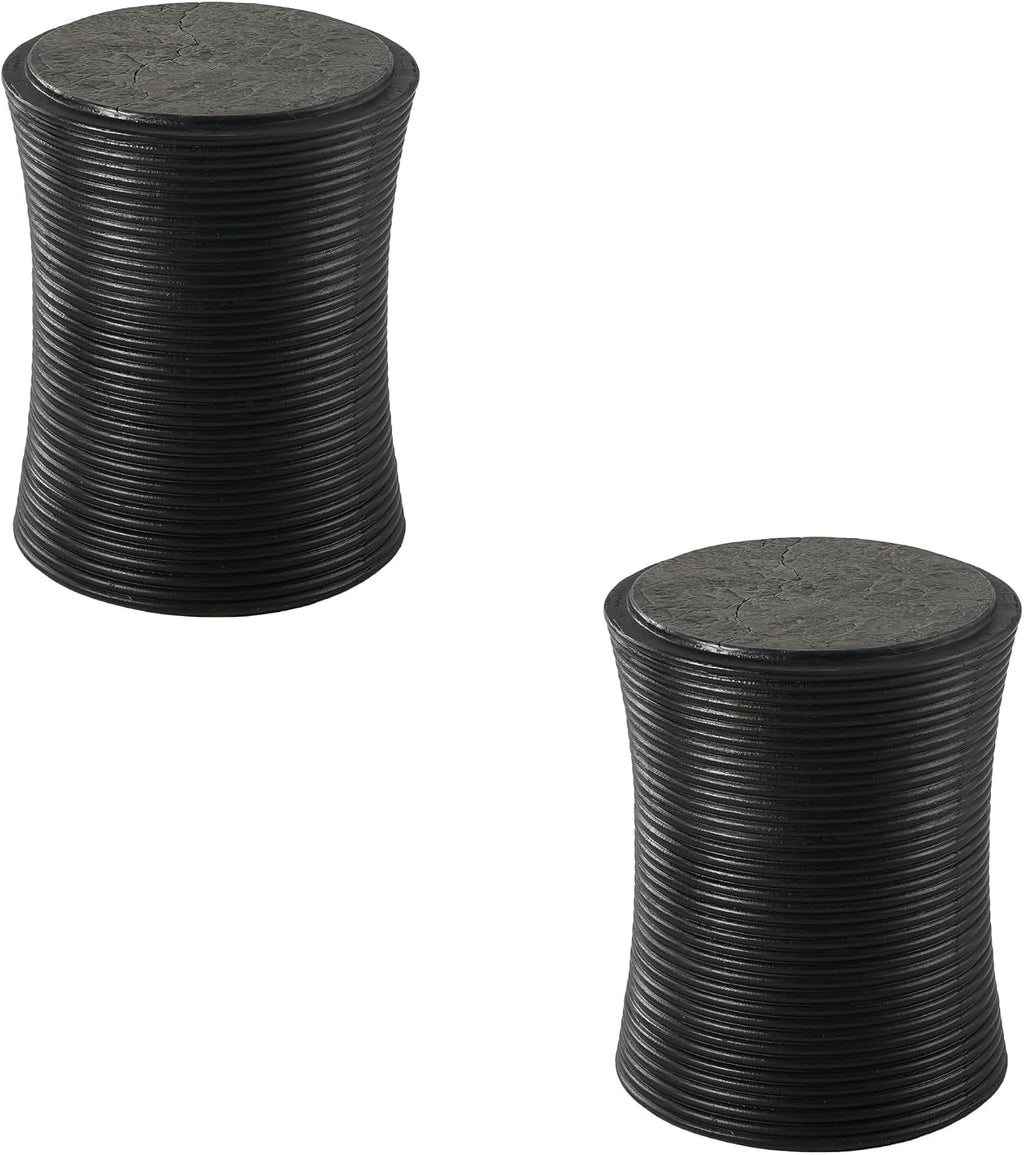 COSIEST Set of 2 Outdoor Side Table Black, Round MgO Concrete Side Table, Lightweight Outdoor Accent Table with Faux Natural Slate Rock, Cylinder Patio Table Top Plant Stand for Garden and Deck