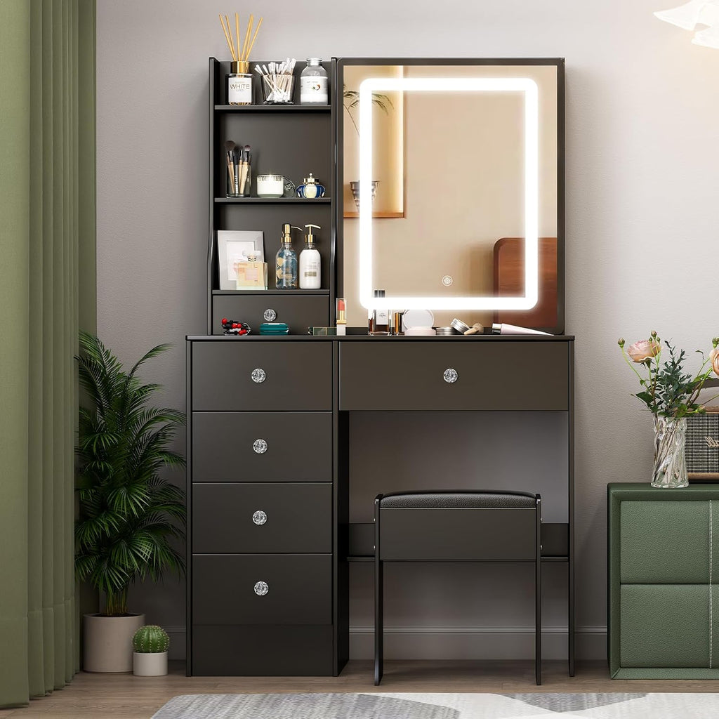 Black Vanity Desk with Sliding Mirror and Lights, Vanity Table with 6 Drawers and Cabinet, Small Vanity Set with Chair Stool, 3 Modes Adjustable LED Sliding Mirror, Vanity for Bedroom