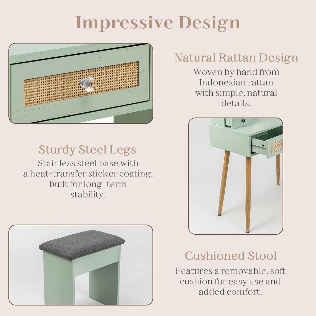 Brafab 31' Boho Natural Rattan Vanity Desk Set with 3 Modes Adjustable Lighted Mirror and Cushioned Stool, Modern Compact Design Makeup Table for Bedroom, Cute Dressing Table for Small Space, Mint