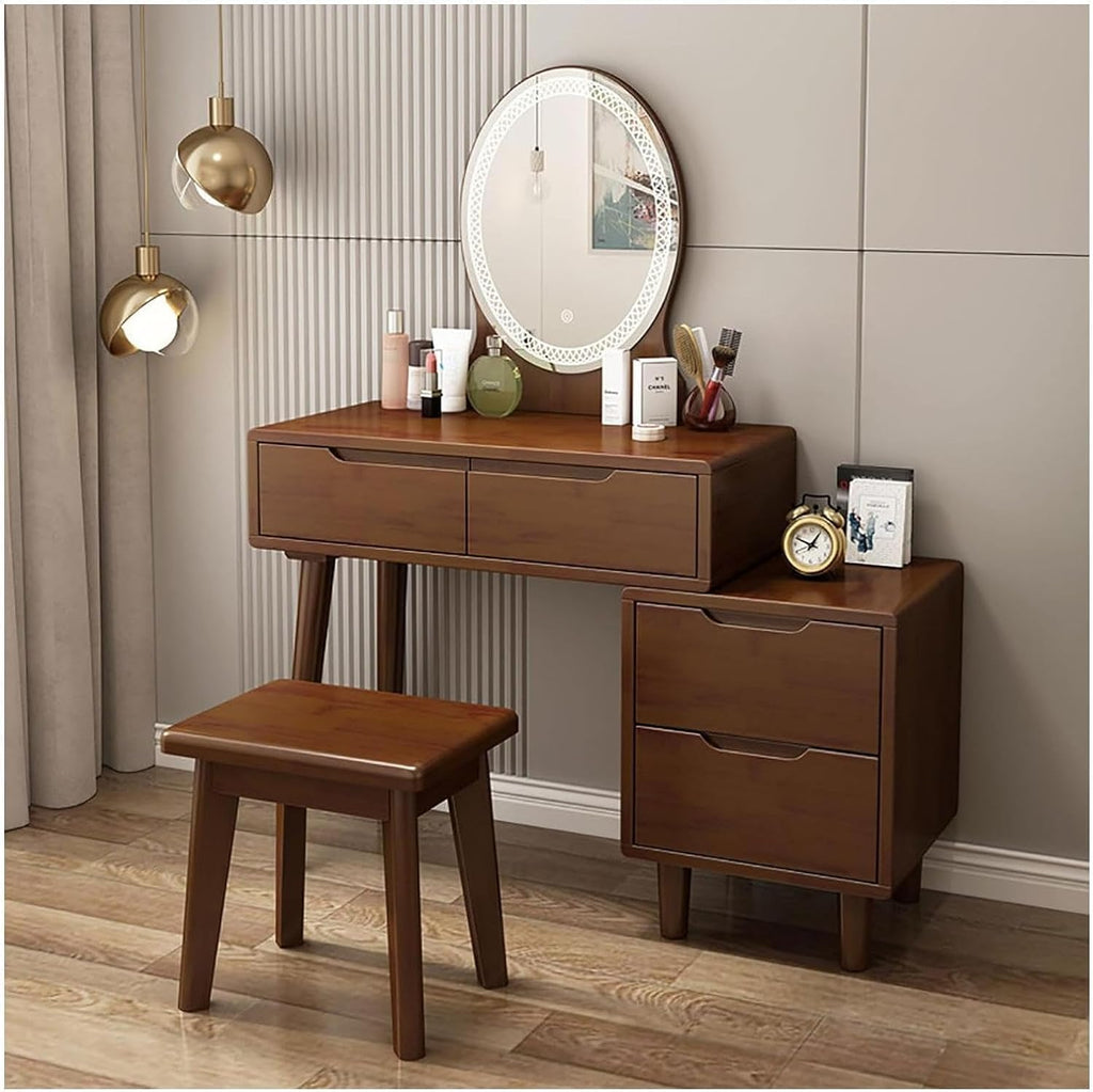 Rieort Vanity Desk MDF Vanity Benches with Adjustable Lights Mirror Makeup Table 4 Drawers Vanity Table Set Luxury Dressing Table