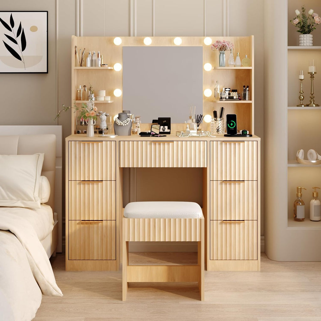 Karl home Fluted Vanity Desk with Mirror and Lights in 3 Modes and Charging Station, Makeup Vanity Table Set with 7 Drawers & Storage Shelves, Dressing Table with Chair for Bedroom, Oak