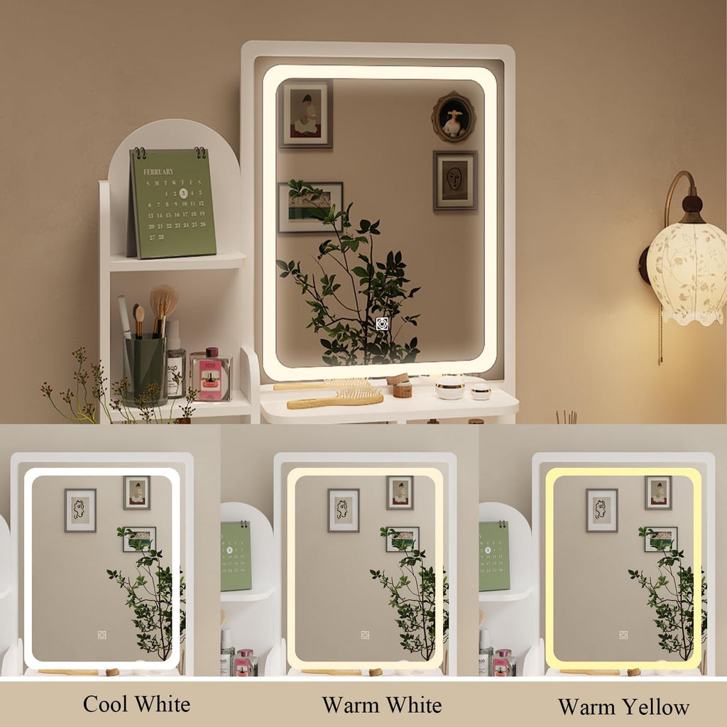 WOODTIME Vanity Set with LED Lighted Mirror, Power Outlet, Vanity Dressing Table with 5 Drawers & Shelves, Makeup Desk with Cushioned Stool for Bedroom, White