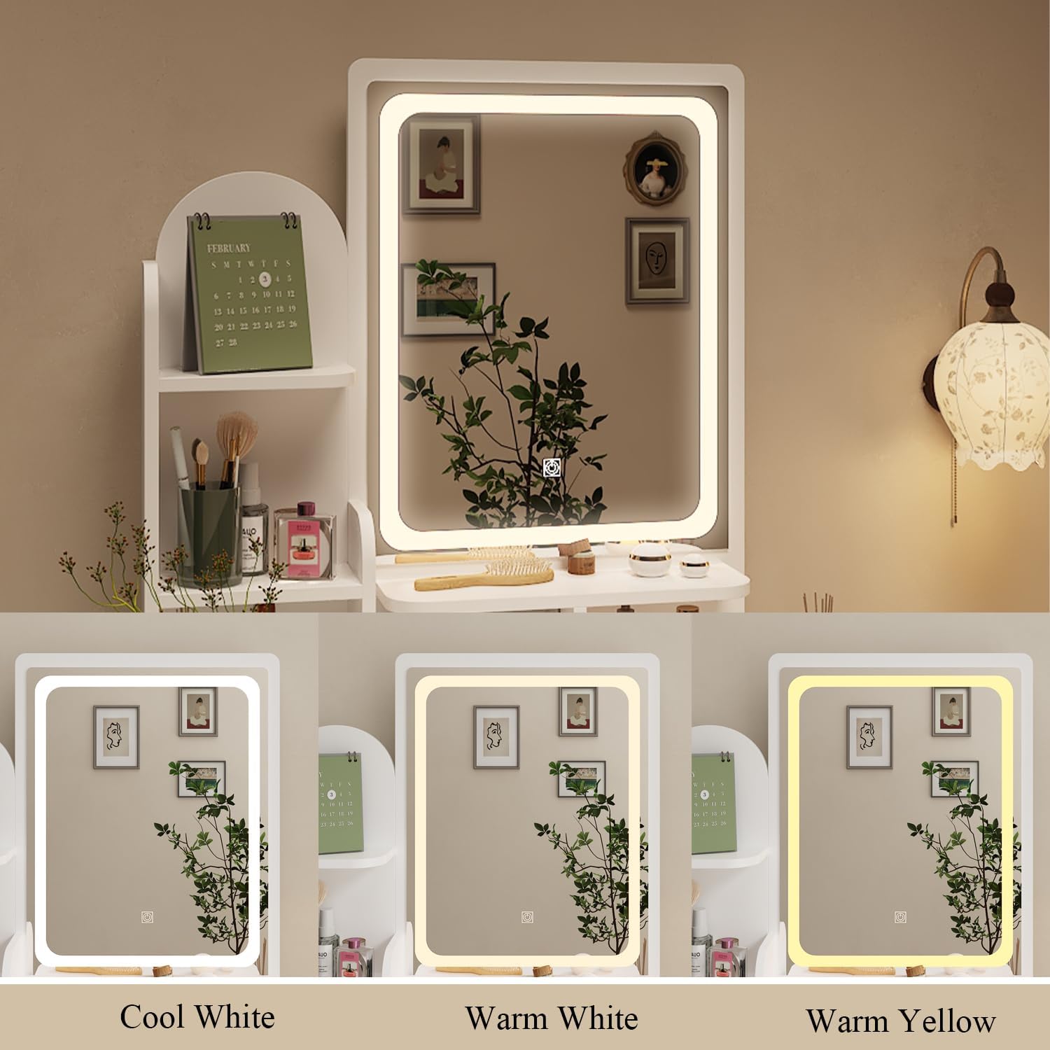 WOODTIME Vanity Set with LED Lighted Mirror, Power Outlet, Vanity Dressing Table with 5 Drawers & Shelves, Makeup Desk with Cushioned Stool for Bedroom, White