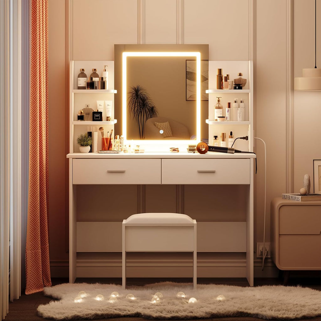 Garvee Vanity Desk with Lights | Tri-Mode LED Lighted Mirror & Charging Station | Makeup Vanity Set with 6 Shelves, 2 Drawers, Soft Cushion Stool | Dimmable Vanity Desk for Bedroom (White)